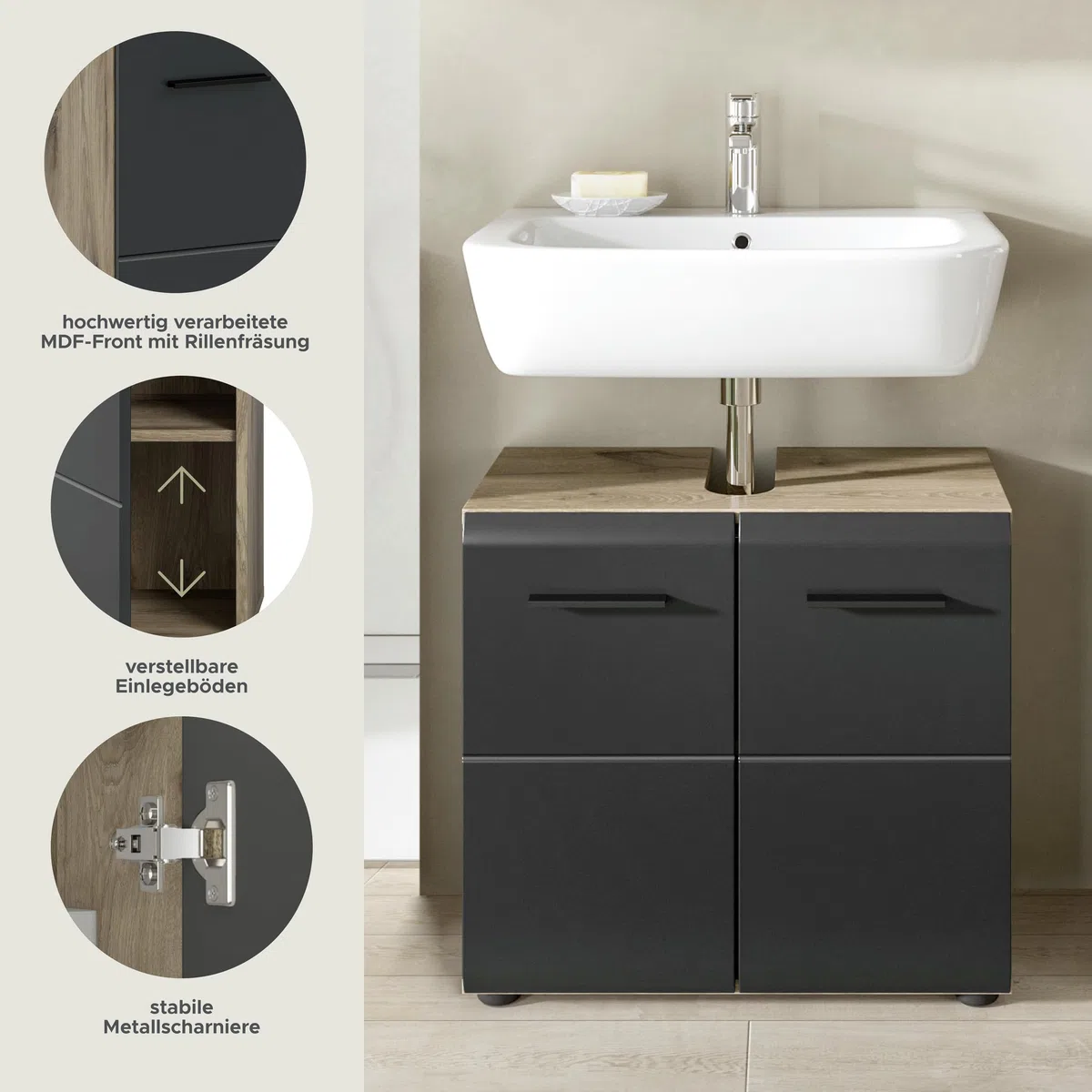 xonox.home – Waschbeckenunterschrank Ice 60x54x30 cm in Korpus Nox Oak Nachbildung und Front schwarz matt – Stilvoller Unterschrank für Waschbecken – elegant & kompakt