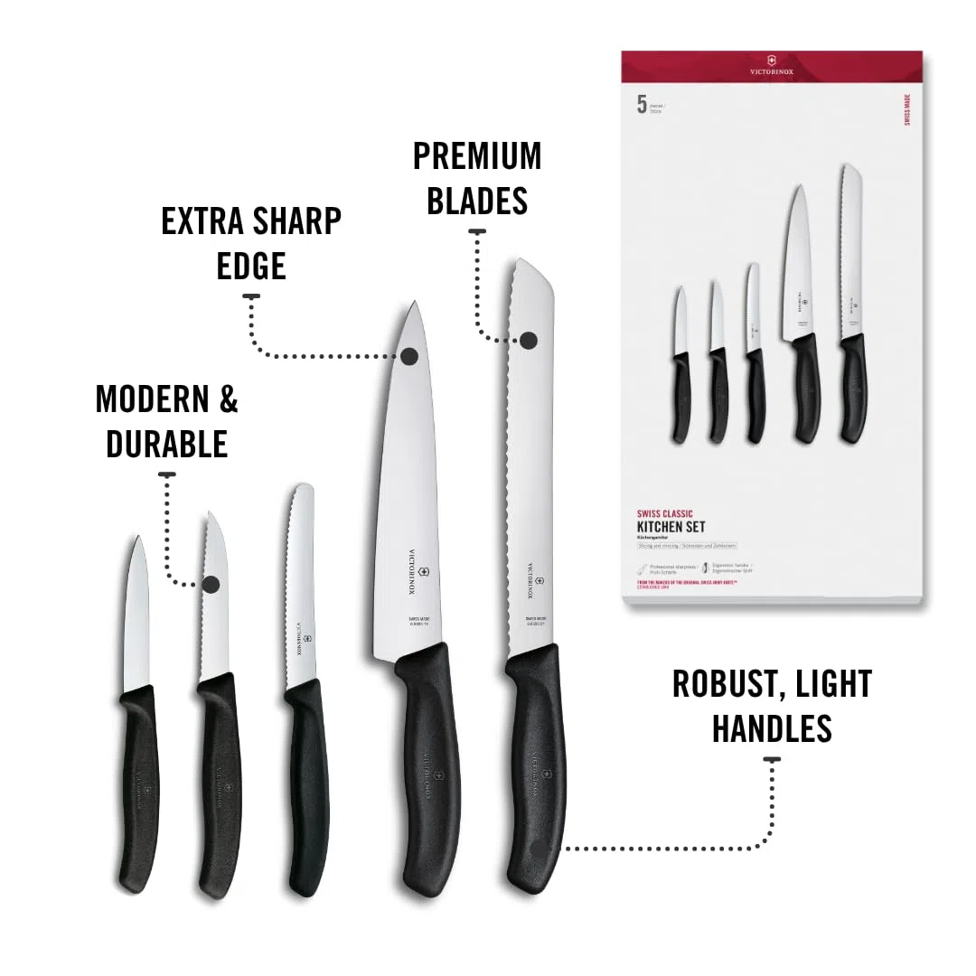 Victorinox Swiss Classic Küchenmesser Set, Küchengarnitur, 5-teilig, Extra Scharf, Swissmade, schwarz