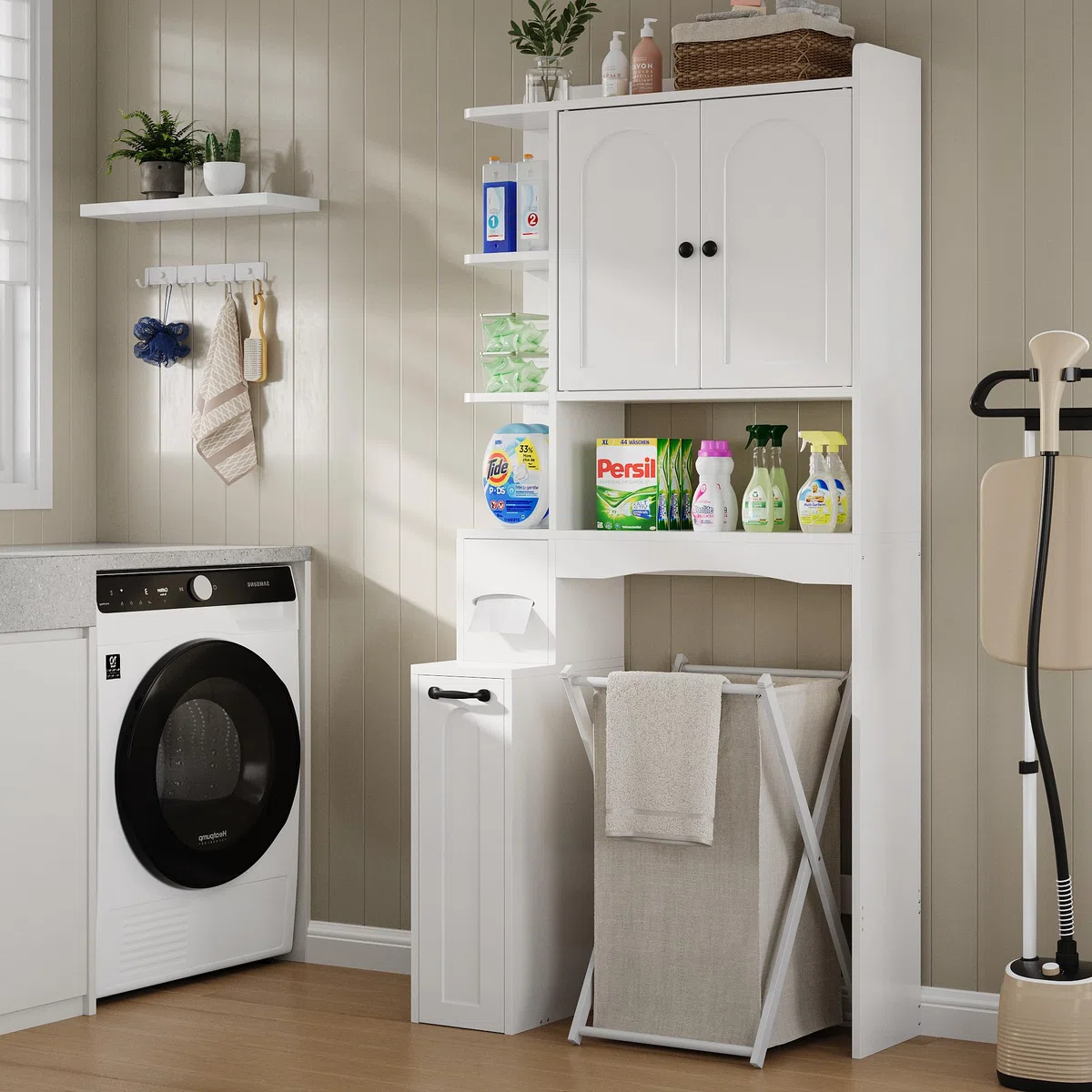 FEONASE Über-WC-Aufbewahrungseinheit mit Seilzug, kleinem Stauraum, Toilettenpapierhalter, Türen und verstellbaren Regalböden, platzsparende Lösung für Bad und Waschküche in Weiß