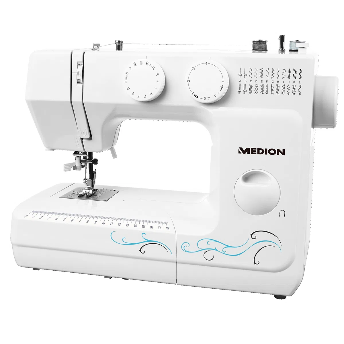 MEDION MD 18205 Freiarmnähmaschine 60 Stichmuster Knopflochautomatik Einfädelautomatik LED-Nählicht weiß
