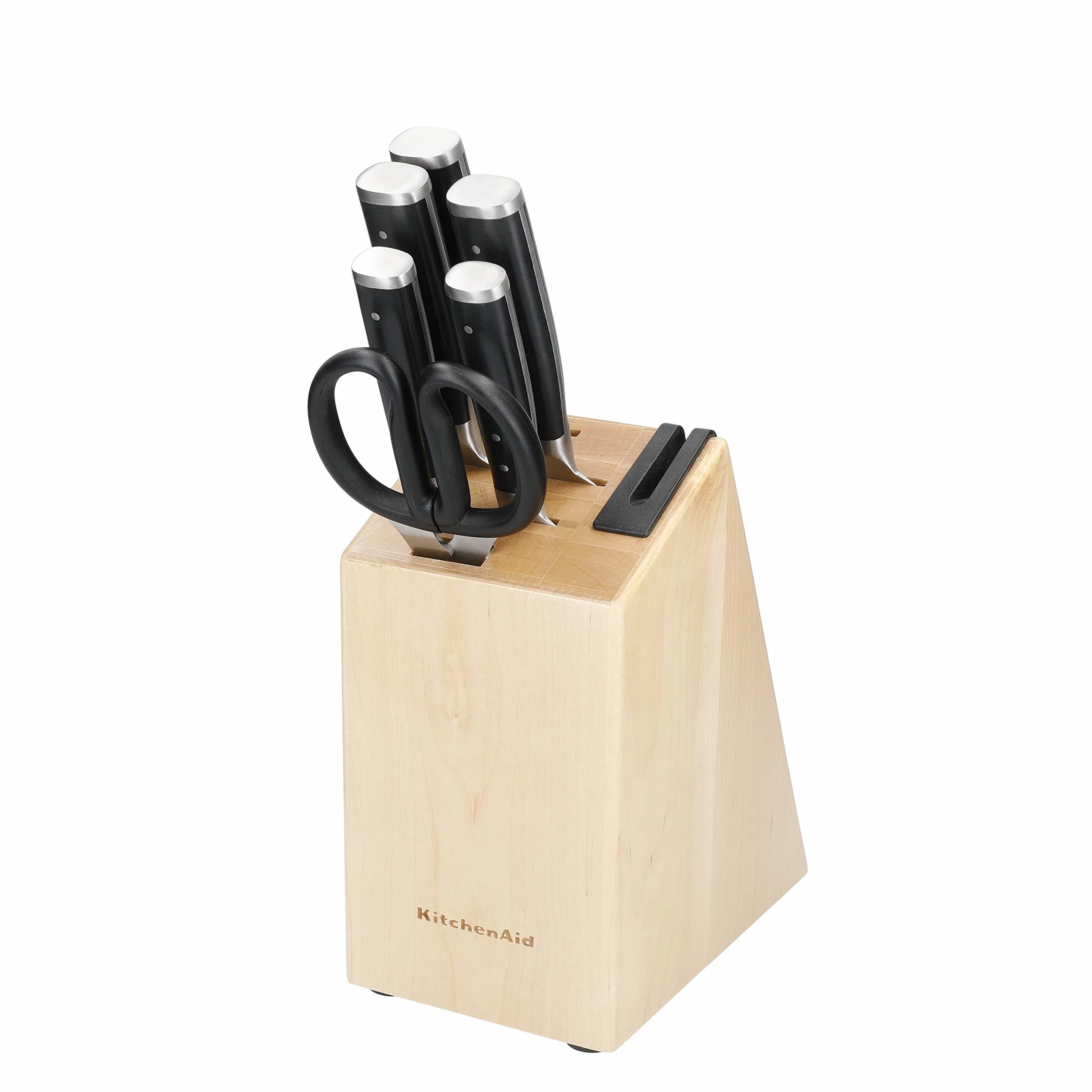 KitchenAid Gourmet 6-teiliges Messerblock-Set, schwarze Griffe, japanischer Stahl – 5 Messer, Schere & Schleifgerät