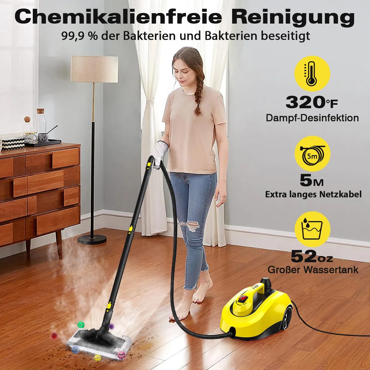 TVD Dampfreiniger, Polstermöbelreiniger, Dampfreiniger mit 5 m extra Langem Netzkabel für Bodendampfer, Ofen, Auto, Fliesen, Teppich, Polster, Sofa, Bettwanzen.