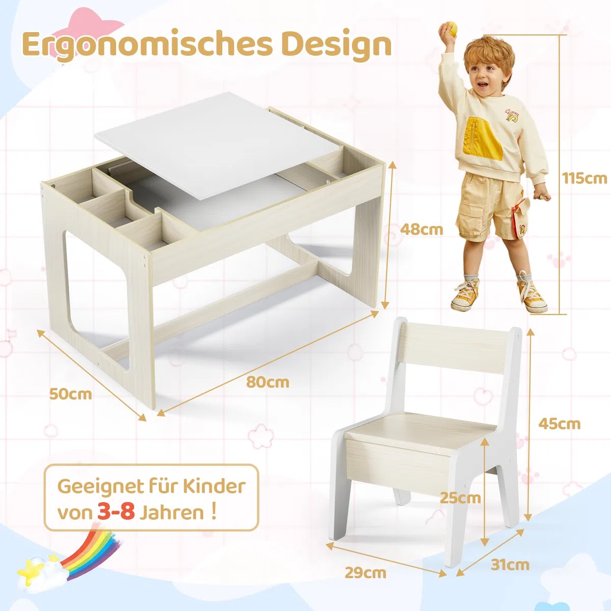 Clevich Kindersitzgruppe mit Stauraum, Kindertisch mit 2 Stühlen, Kinder Tisch Stuhl Set mit wendbarer Tischplatte, Kinderschreibtisch für Kindertagesstätte, für Kinder ab 3 Jahren, Holzfarbe