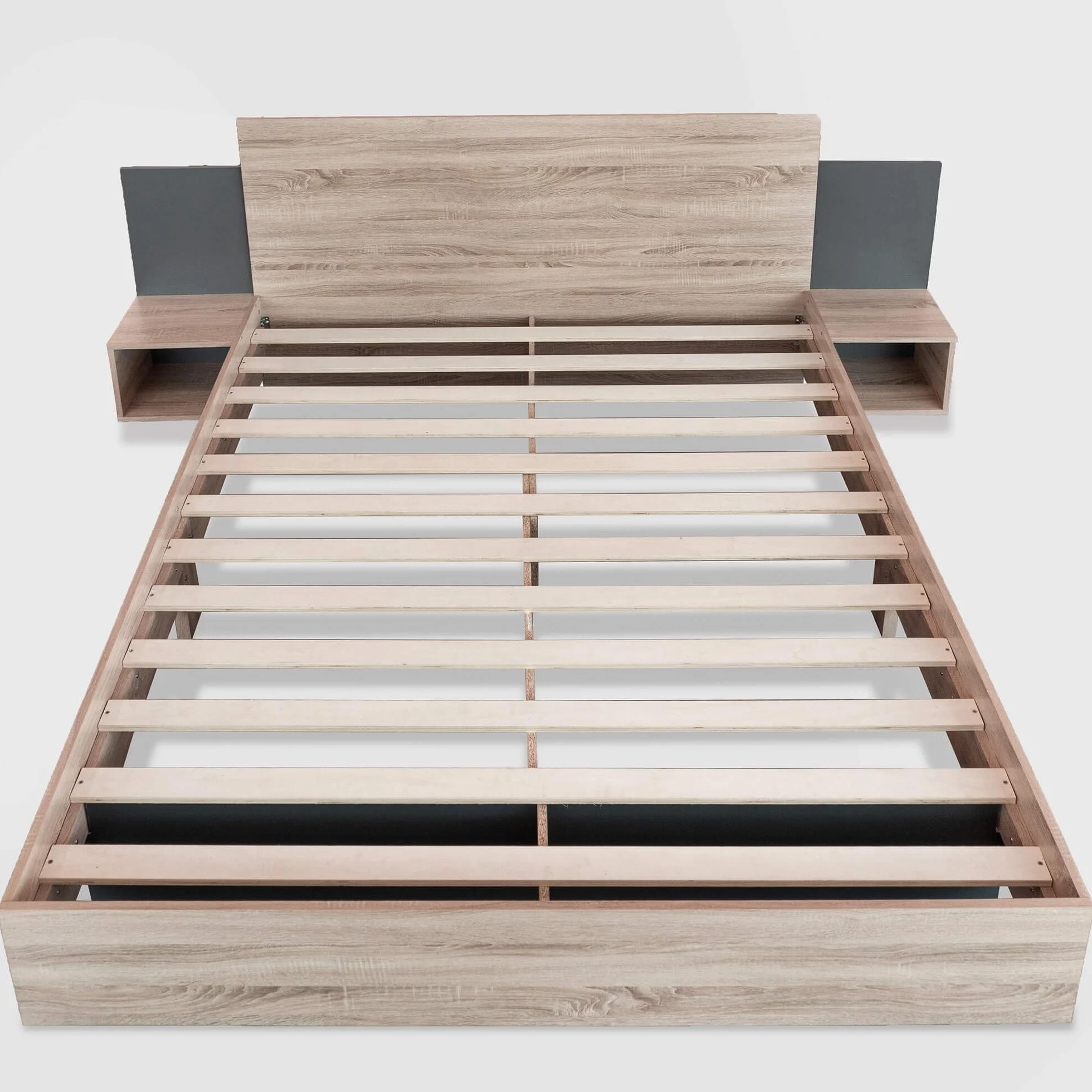 Stilvolle Doppelbett Bettanlage 160 x 200 cm, Mit 2 Nachtkommoden Modernes Bett inkl, Schlafzimmer Komplett Set-205.5x235x76.5 cm(T/B/H) Set in Eiche Sonoma (Ohne Matratze)