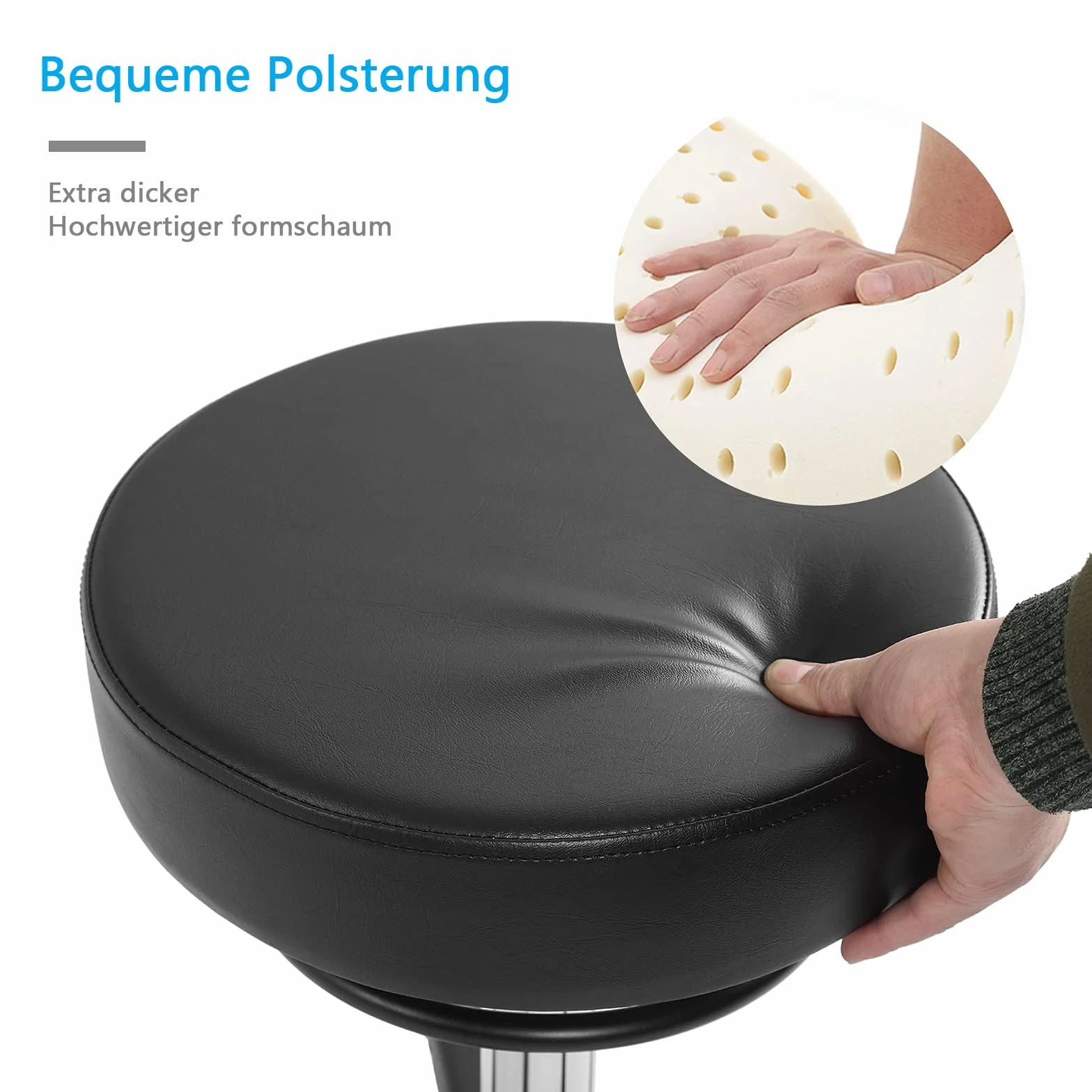 Rollhocker höhenverstellbar mit Rollen - 50-62cm，bis 180 kg belastbare Arbeitshocker，360° Drehhocker Hocker für Salon und Spa,aus Leder Hocker(Schwarz)