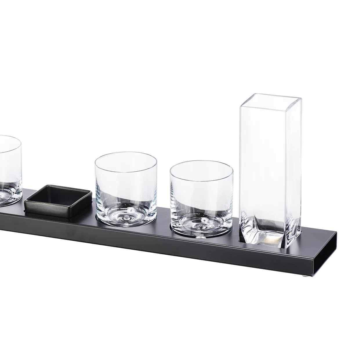 Servier-Set 4 Whisky Gläser ⌀8cm x 10cm und 1 Karaffe 6cm x 6cm x 20cm Metallbasis 77,5cm x 10cm mit Snackschale und Flaschenhalter für Haus und Bar Geschenk für Männer