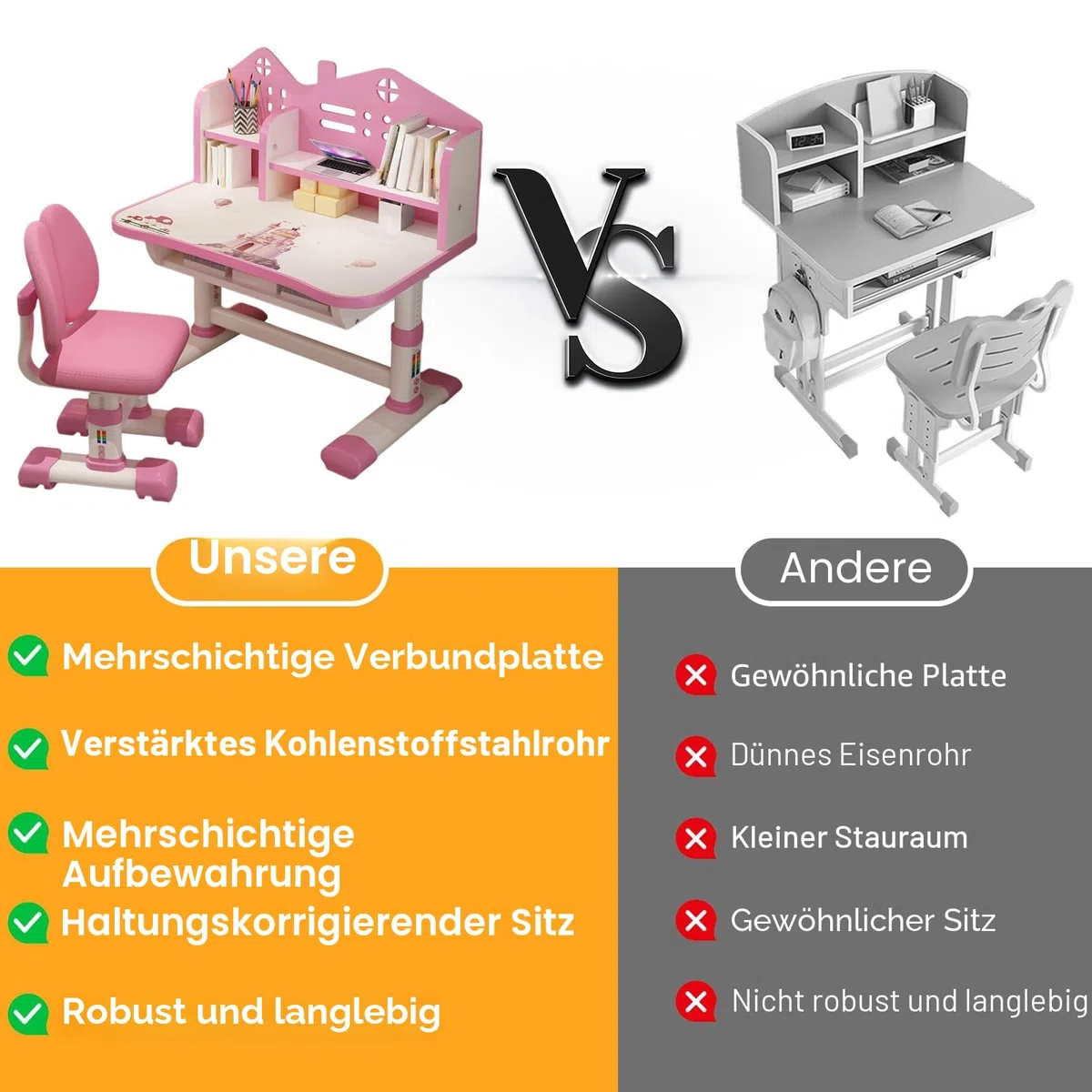 Reheyre Schreibtisch- und Stuhl-Set für Kinder, rosa Schreibtisch-Set mit verstellbarer Höhe, Schubladen und Stauraum, Cartoon-Muster, Lerntische und Stühle für Kinder, Mädchen (Rosa), 3712398