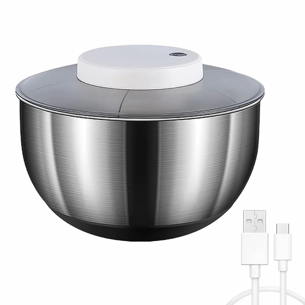 Elektrische Salatschleuder USB Wiederaufladbare Salatschleudern zum Waschen und Trocknen von Salat, Edelstahl 5L Salatschüssel fur Sieb, Gemüse und Obst