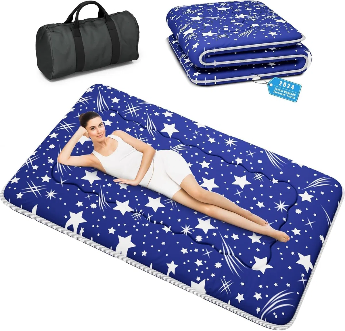 Kiseely Japanische Futon-Matratze, Faltbare Tatami-Matte, tragbare Schlafunterlage mit Tasche und Gurt, Bodenmatratze, verdickte Schlafmatratze, Camping-Matratze (Blau Yu1, 150X200cm)