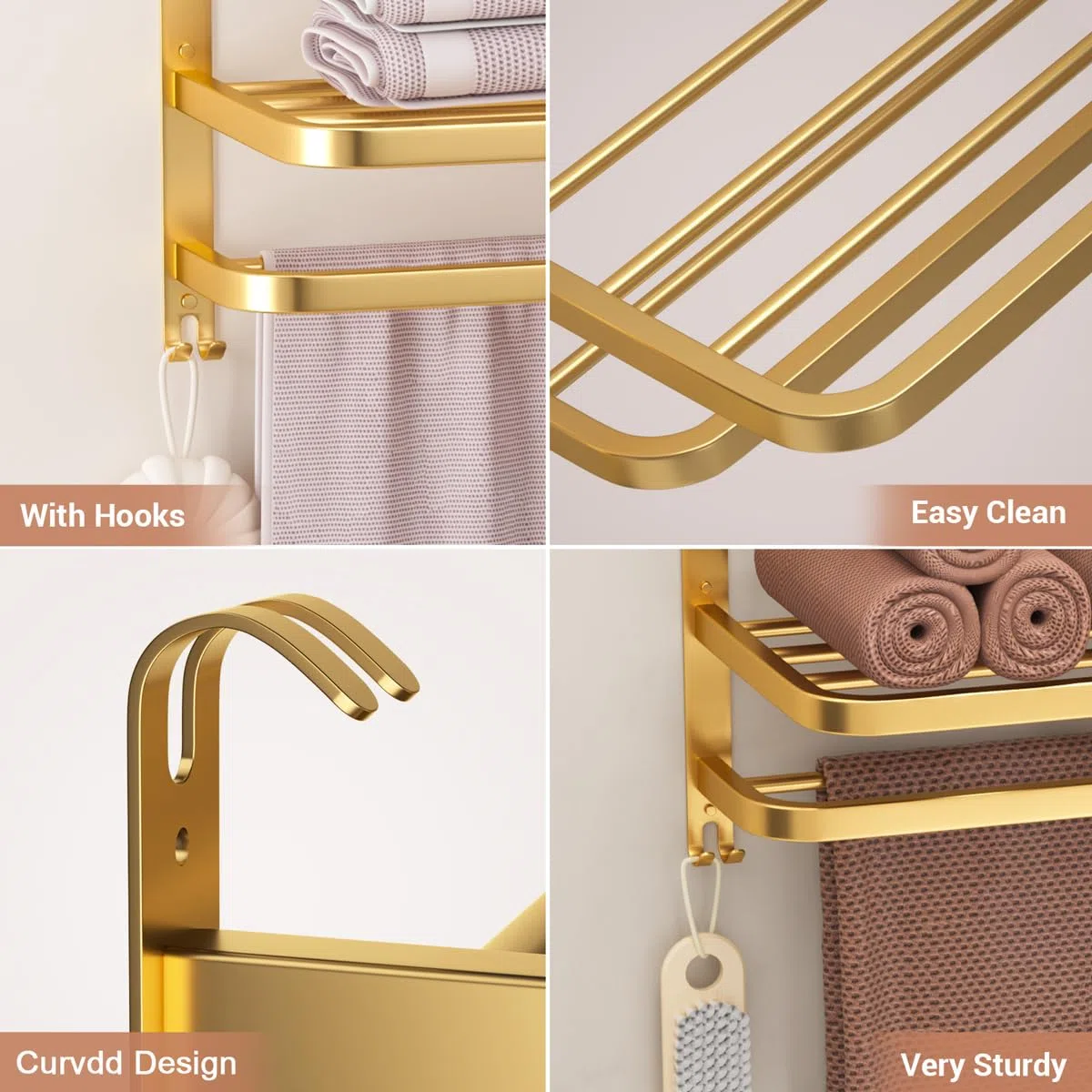 3-stöckige goldene Handtuchhalter für Badezimmer mit Handtuchstangen Mehrschichtiges Hotel Handtuchregal Edelstahl Wandmontage Gebürstete Oberfläche Halter mit Handtuchregalen 58.4 cm