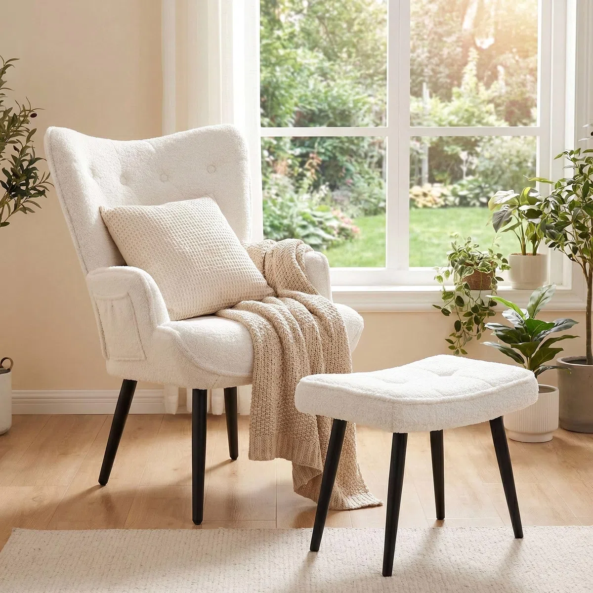 Clevich Ohrensessel - Gemütlicher Loungesessel mit Hocker, Lesesesselaus, Chenille Armchair für Wohnzimmer & Schlafzimmer - Bis 168kg (Weiß)