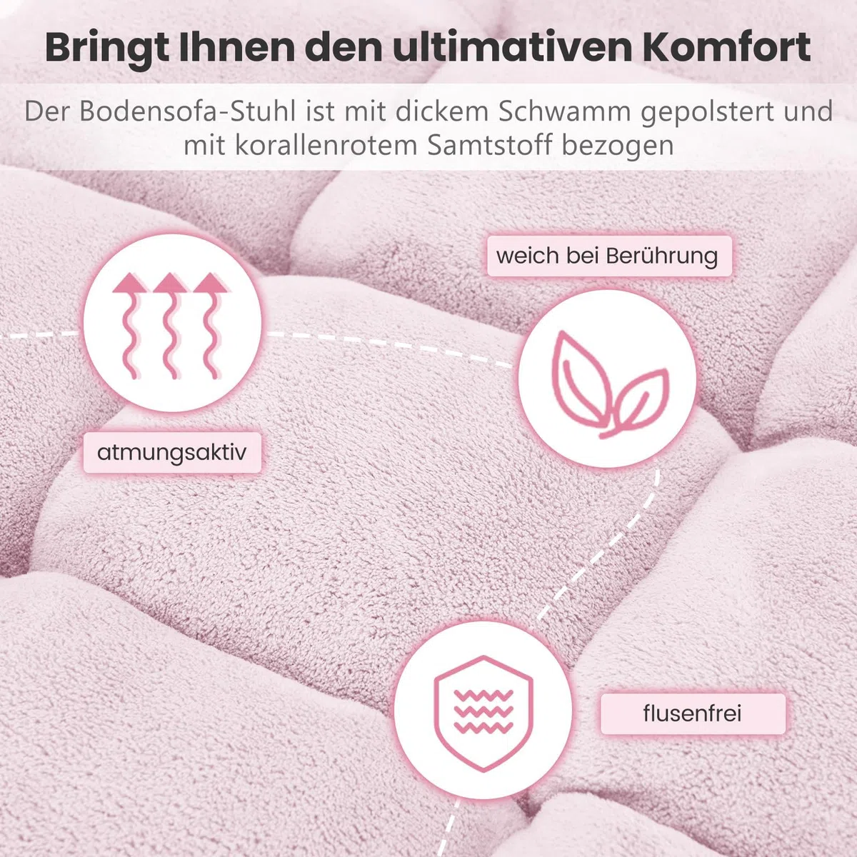 FANTASK Bodensessel gepolstert, Verstellbare Sofastuhl, Bodenstuhl mit Verstellbarer Rückenlehne, Hellrosa