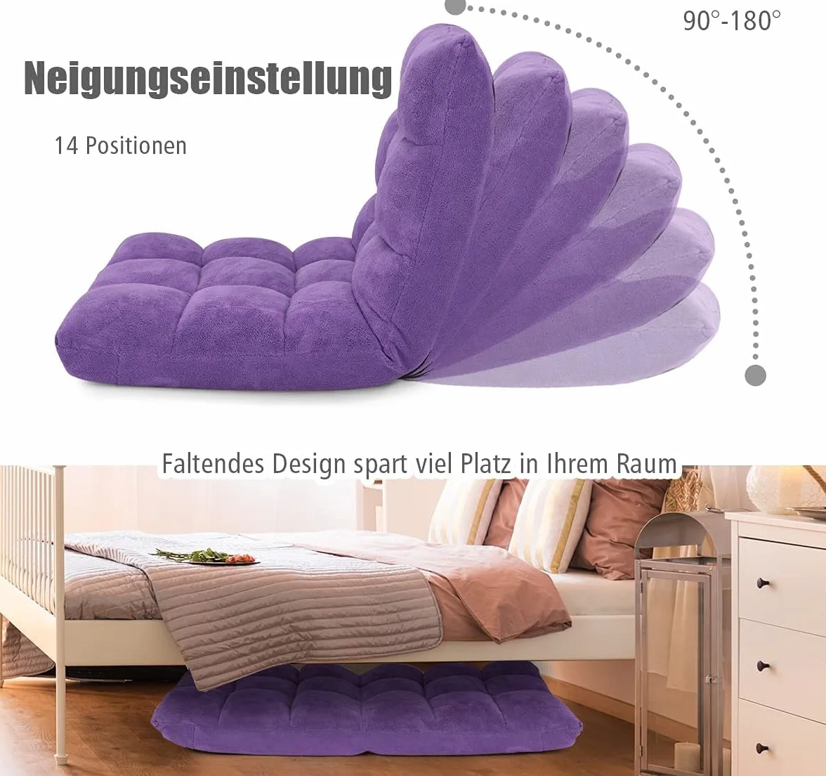 FANTASK Bodenstuhl mit Verstellbarer Rückenlehne, Bodensessel gepolstert, Bodenkissen faltbar, Lila