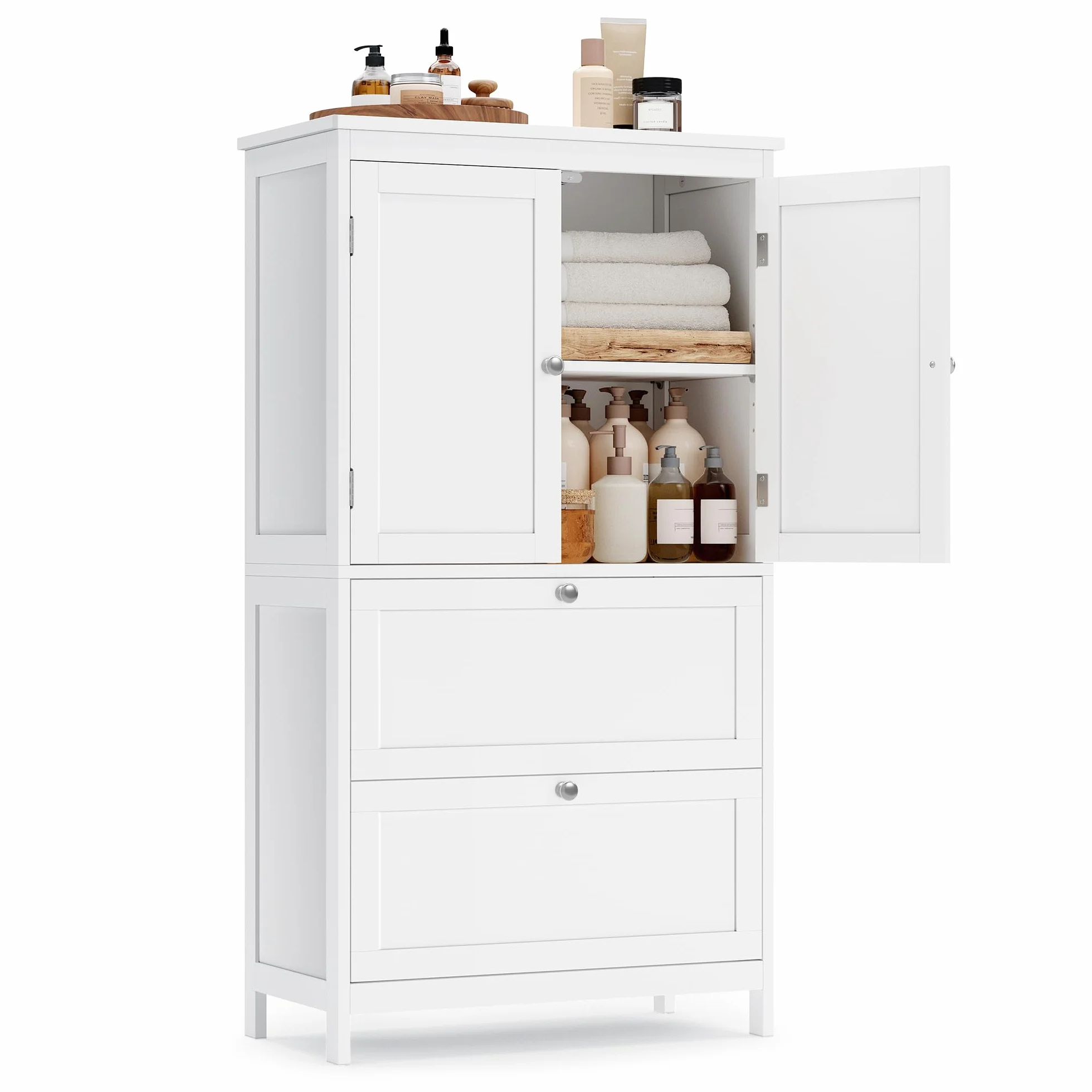VASAGLE Badezimmerschrank, Badschrank, Küchenschrank, Aufbewahrungsschrank mit 2 Türen und 2 Schubladen, verstellbare Ablage, 30 x 60 x 110 cm, klassikweiß BBC551P31