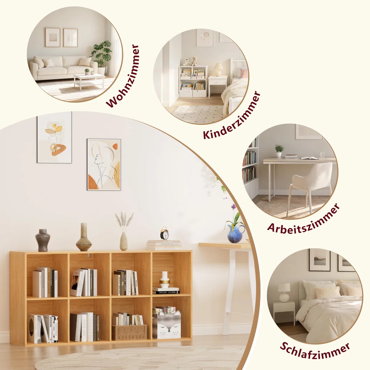 Bücherregal Holz mit Geschlossener Rückwand,Raumteilerregal,Würfelregal,Naturholz,8 Würfel