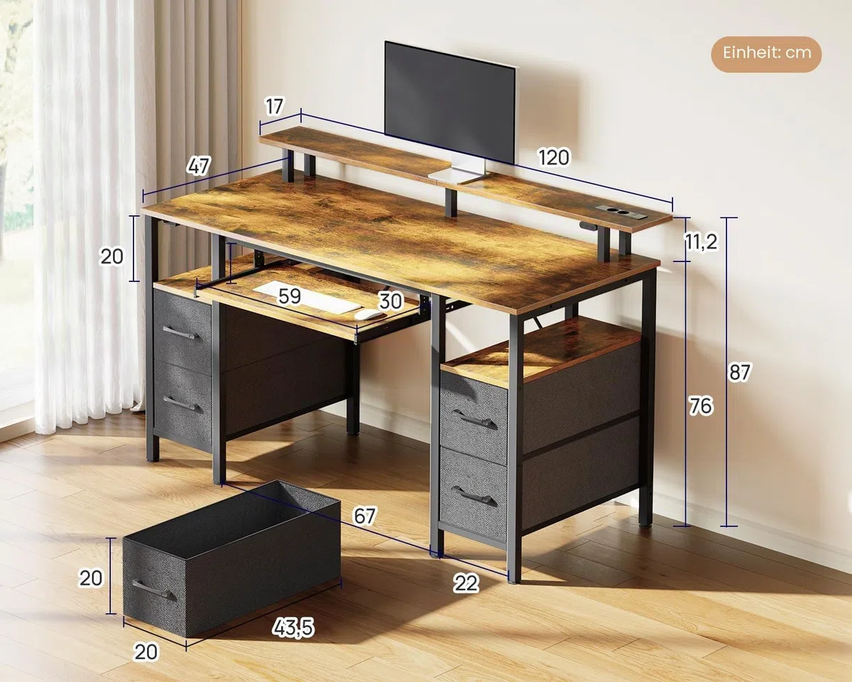 Seventable Computertisch 120 cm mit LED-Leuchten und Steckdosen, Home-Office-Schreibtisch mit 4 Schubladen, Schreibtisch mit Tastaturablage, Arbeitsschreibtisch mit Monitorständer (Vintagebraun)