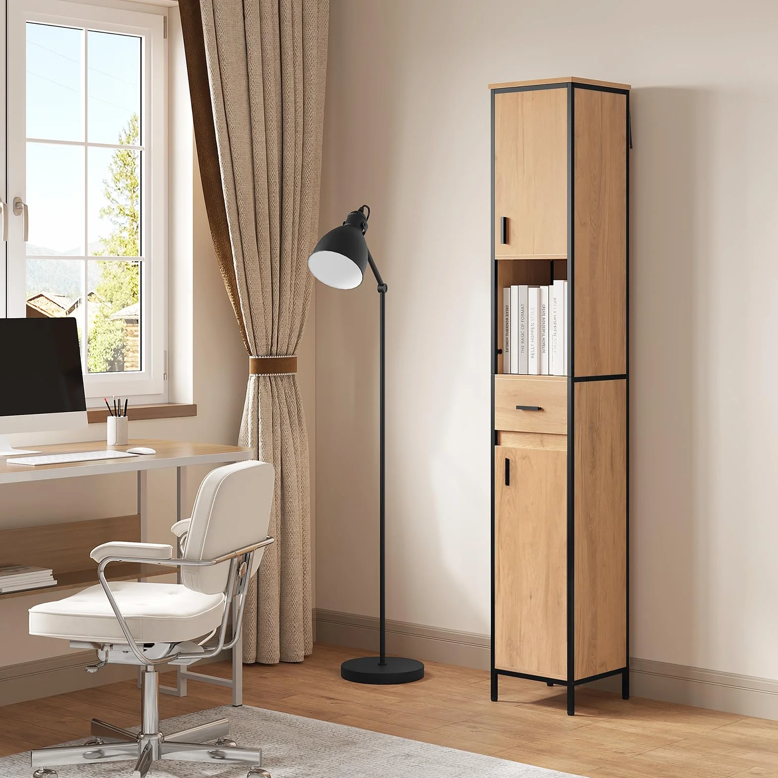 EUGAD Badezimmerschrank, Badschrank schmal, Hochschrank Badezimmer, Bad Schrank stehend, mit Schublade, offenem Fach, verstellbaren Ablagen, 30x180x30 cm, schwarz helle Eiche