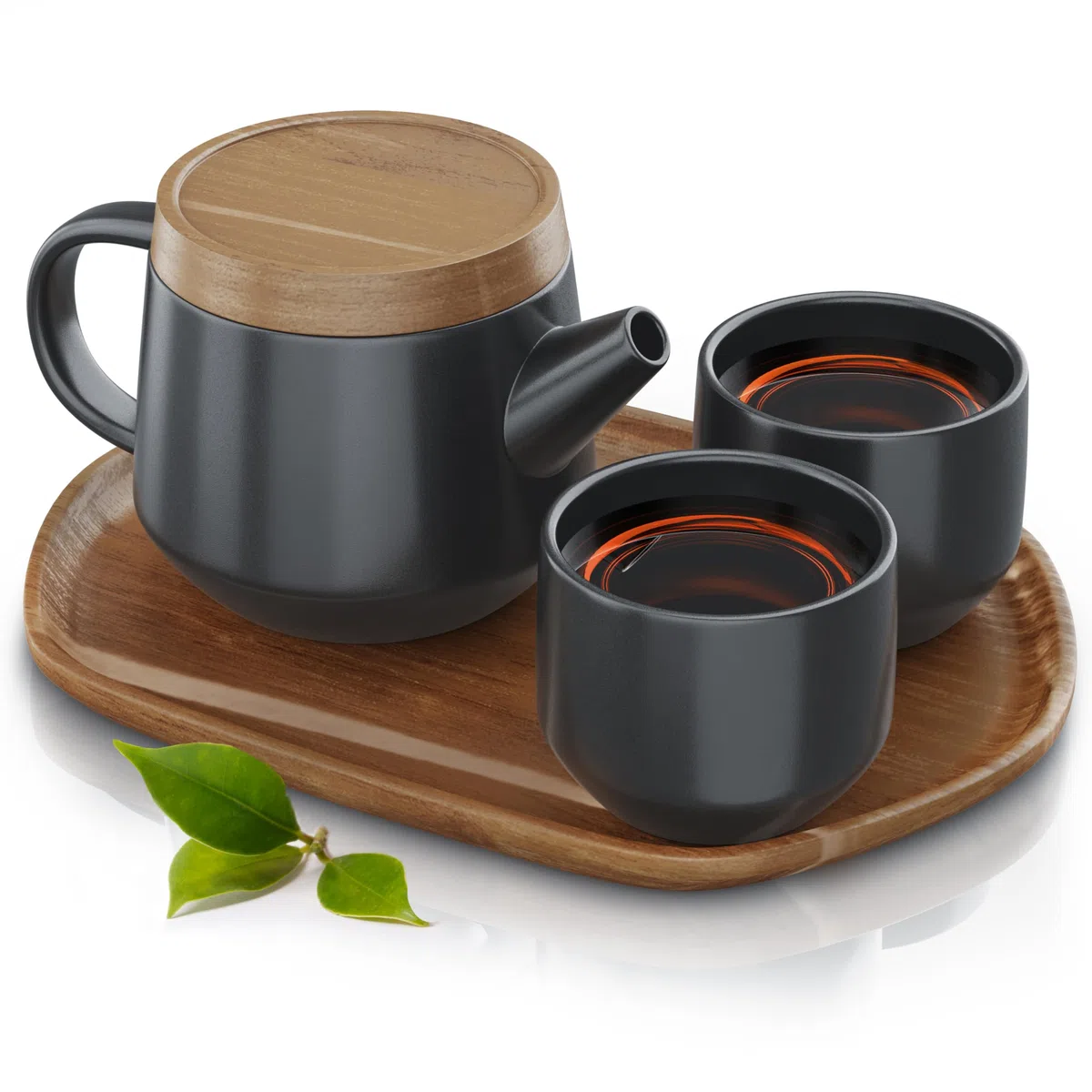 Arendo - Teeservice Set, Keramik Teekannen Set, Teekanne Porzellan, Japanische Teekanne mit Teesieb 0,6 Liter, Teekanne mit Deckel Untersetzer 2 Tassen und Tablett
