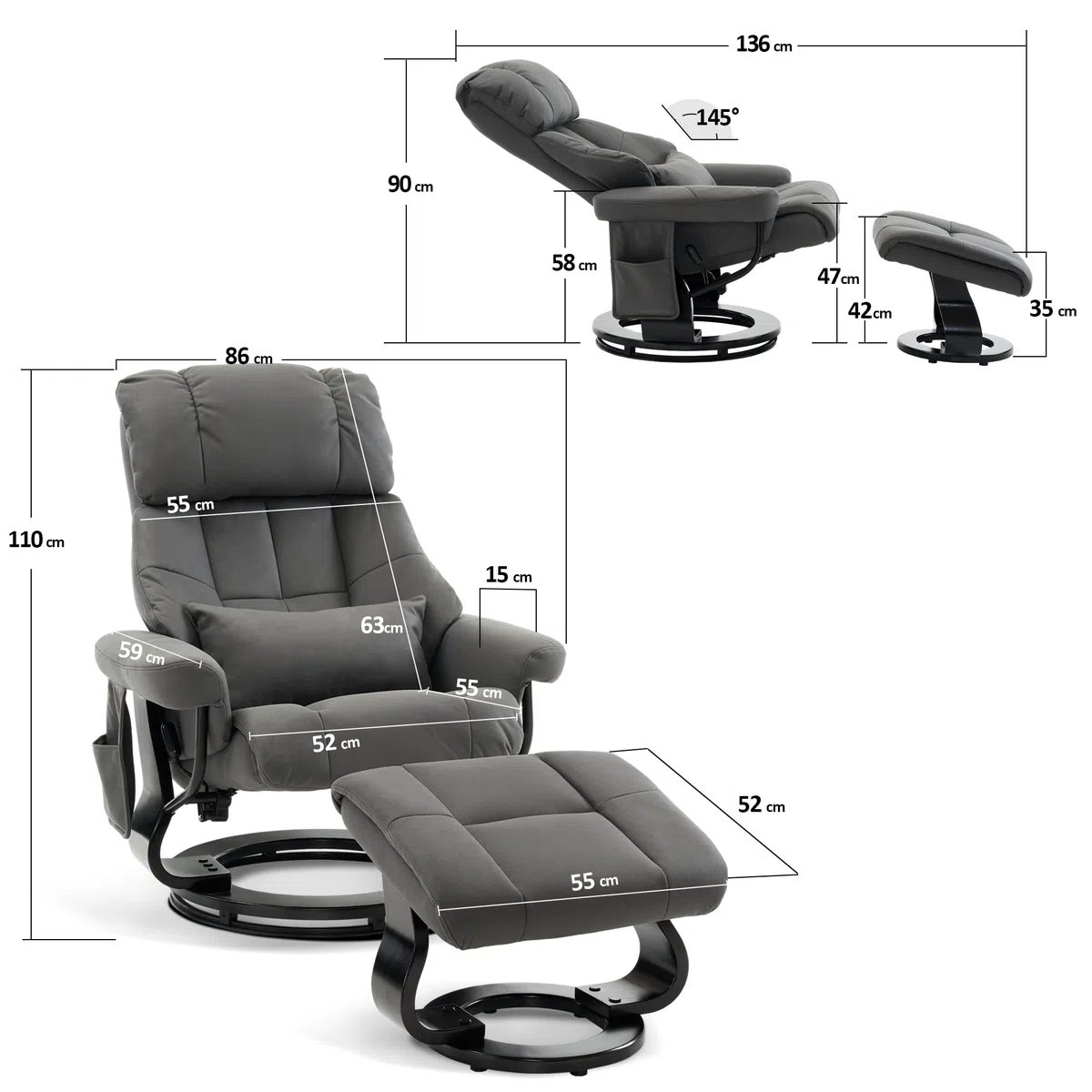 MCombo Relaxsessel mit Hocker Drehbare Fernsehsessel Liegefunktion Moderner TV-Sessel Stuhl Wohnzimmer Mikrofaser Grau