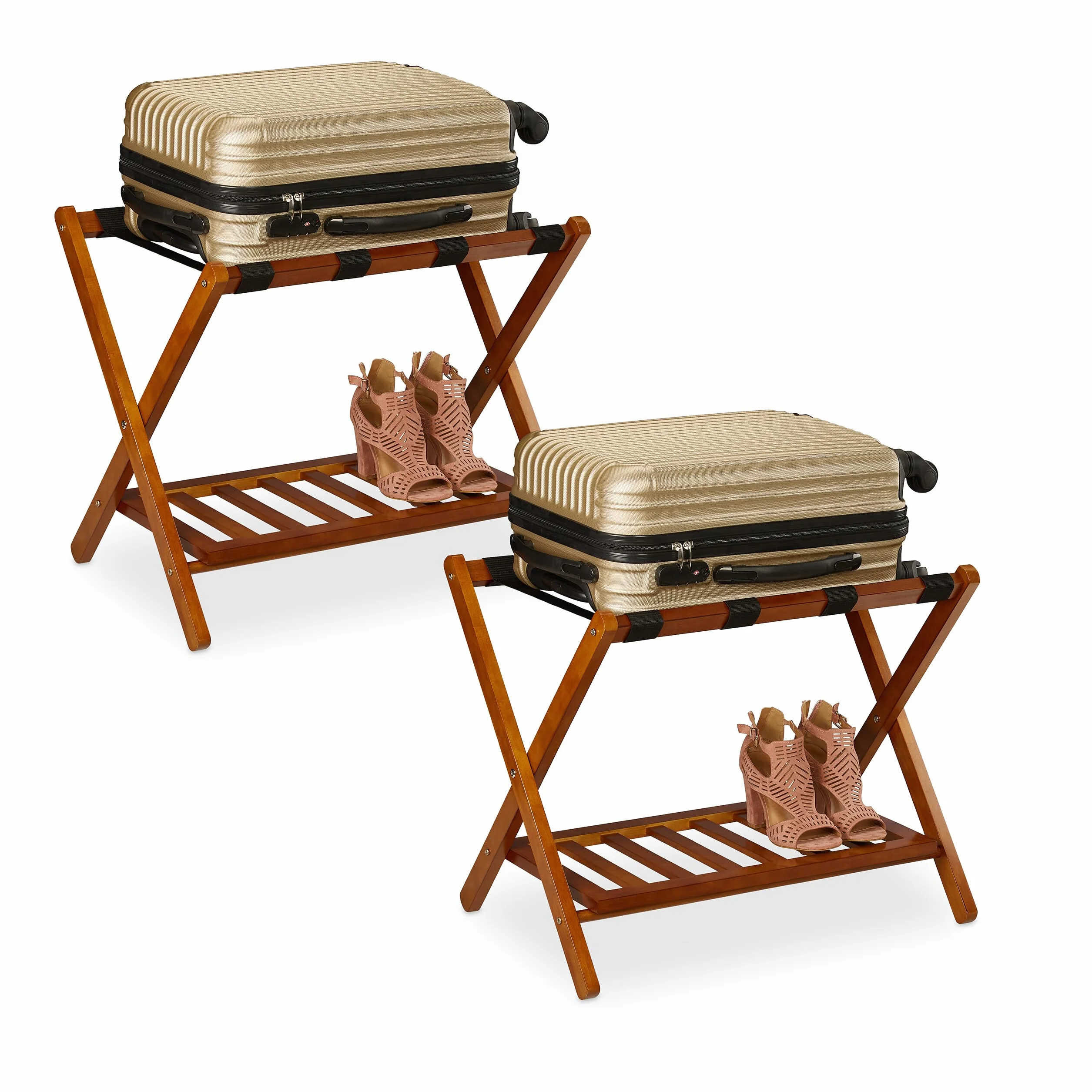 Relaxdays Kofferständer klappbar, 2er Set, Holz, H x B x T: 54 x 66 x 45 cm, 2 Ablagen, Kofferaufbewahrung Hotel, Natur