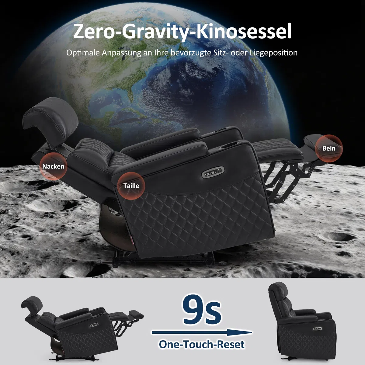 MCombo Fernsehsessel Elektrisch Verstellbar, Zero-Gravity-Kinosessel mit Armlehnenstauraum & LED, Verstellbare Kopfstütze, 35D Vollschaum-Sitzkissen (Schwarz)