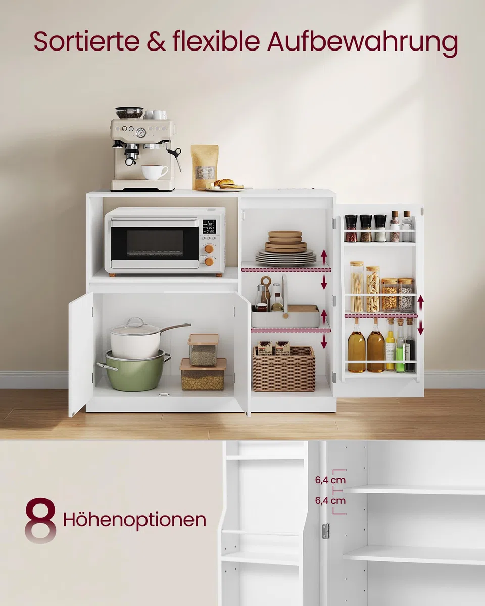 VASAGLE Custos Kollektion - Küchenschrank, Aufbewahrungsschrank, Sideboard mit Arbeitsplatte, Mikrowellenregal, mit 1 offenem Fach, 3 Türen, verstellbaren Ablagen, wolkenweiß BBK373WB01