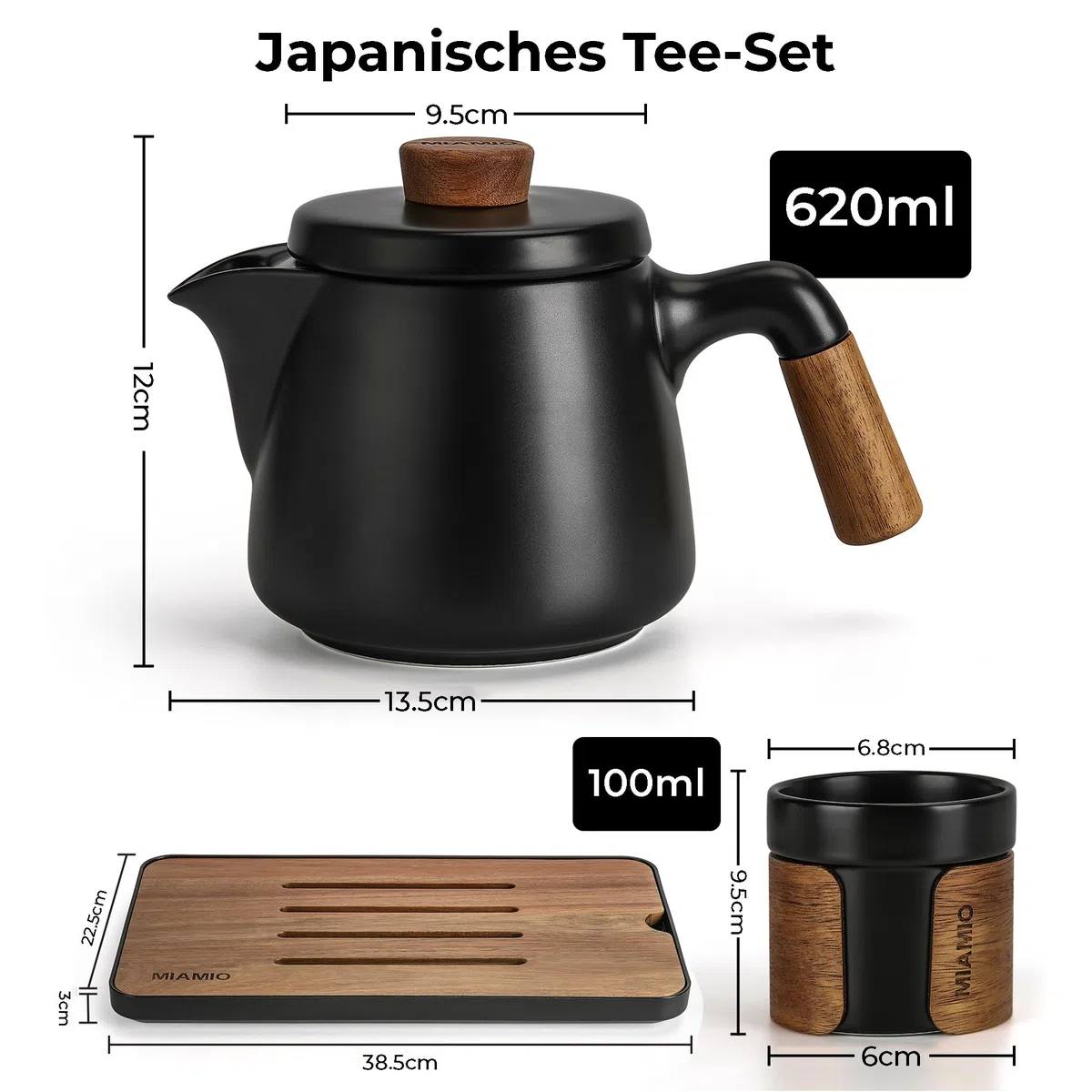 MIAMIO - Japanisches/Chinesisches Tee Set 6 x 100 ml/Asiatische Teekanne 620 ml mit Teesieb, Traditionelles Japanisches Teekanne Set für Teeliebhaber/Männer/Frauen (Schwarz)