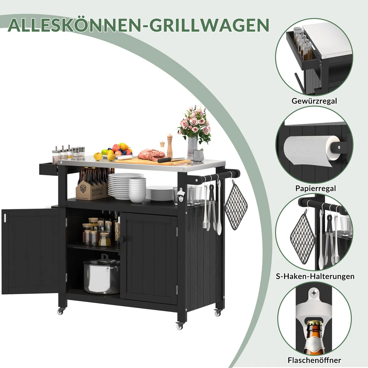 Outdoor Kücheninsel Mit Rollen - Mobile Grillwagen, Außen-Küchenwagen Mit Ablagefach & Arbeitsfläche, Tragbarer Aufbewahrungsschrank Für Garten, Terrasse, Camping & Picknick (Schwarz)