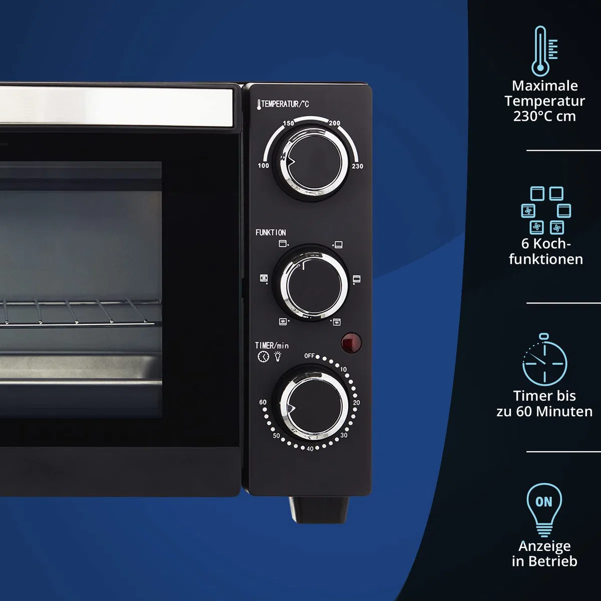KHG Minibackofen MBO-15S in schwarz mit Umluft, Ober-/Unterhitze, 15l Garraum, Brotbackofen, inkl. 6 Funktionsstufen, Timer, Innenbeleuchtung, Backblech, Entnahmegriff, Grillrost