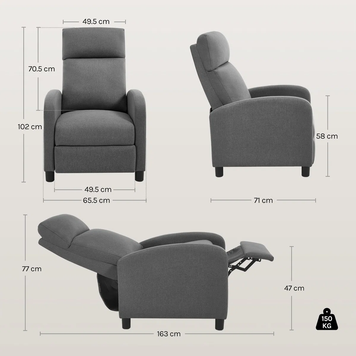 WOLTU Relaxsessel mit Liegefunktion, verstellbar, Polster, 89 x 102 x 65,5 cm, Leinen, Dunkelgrau