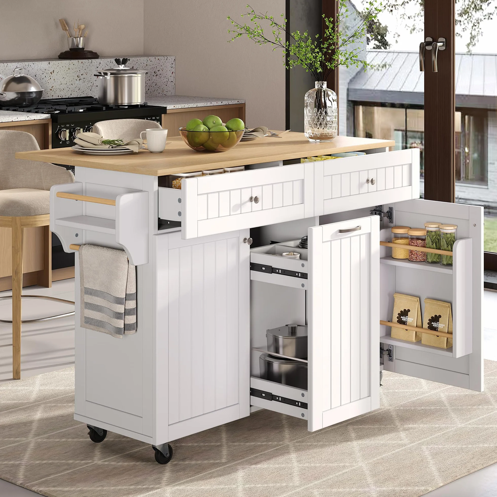 Küchenschrank mit Klappbarer Arbeitsplatte, Verstellbare Trennwand, Küchenwagen mit 5 Rollen, Freistehende Kücheninsel mit 3 Schubladen, 139.5 x 40(70) x 92 cm, Weiß