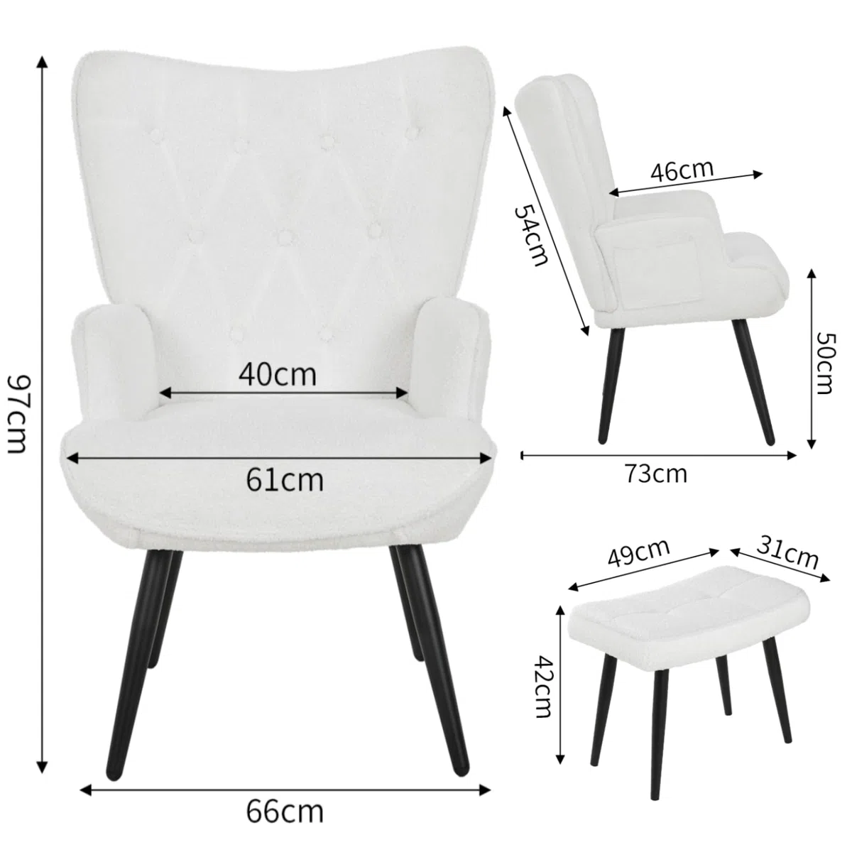 Clevich Ohrensessel - Gemütlicher Loungesessel mit Hocker, Lesesesselaus, Chenille Armchair für Wohnzimmer & Schlafzimmer - Bis 168kg (Weiß)