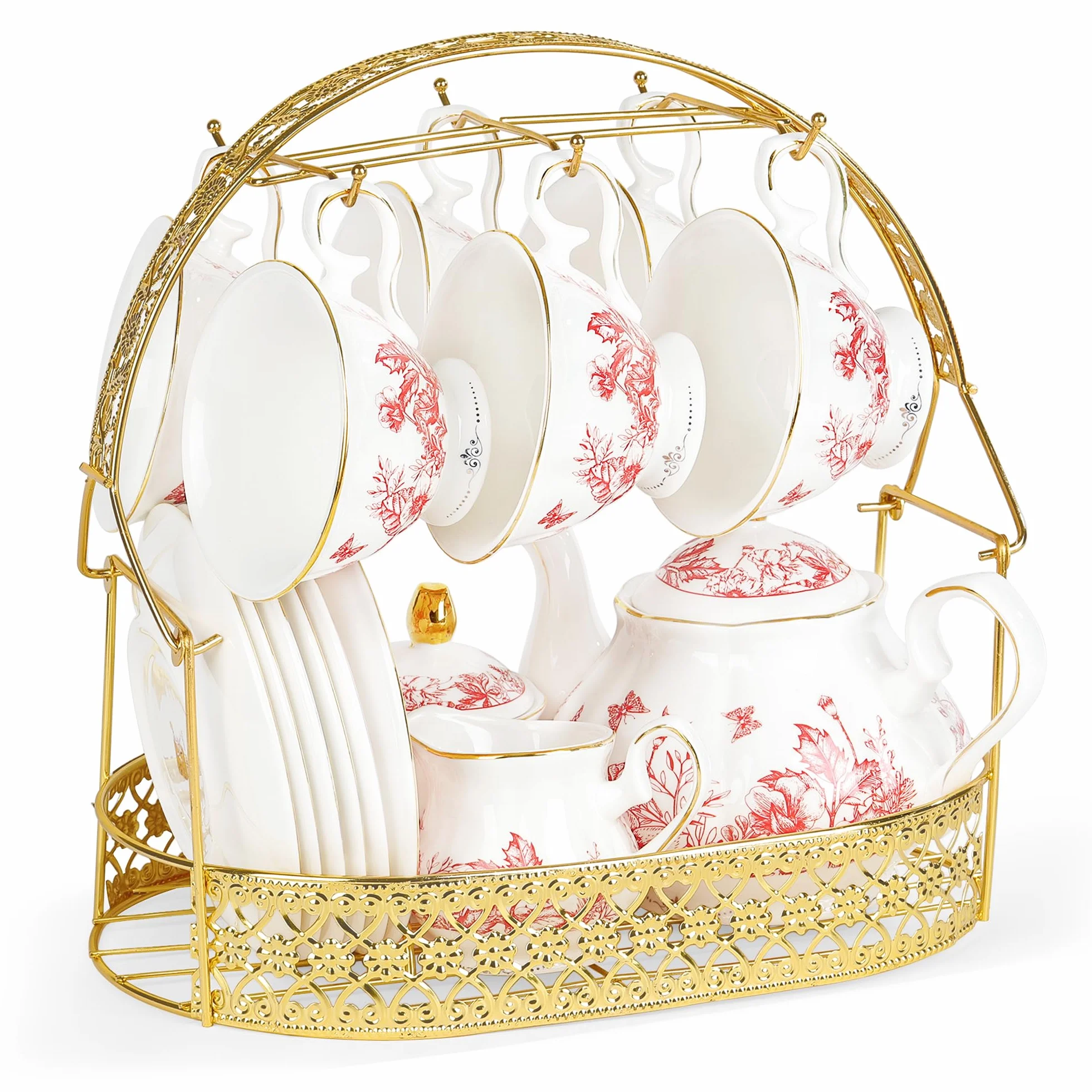 fanquare 21 Stück Euklidisch Vintage Porzellan Teeservice, Rote Blätter Nachmittagstee Set, Keramik Kaffeeservice mit Ständer Löffel für Frauen Hochzeit