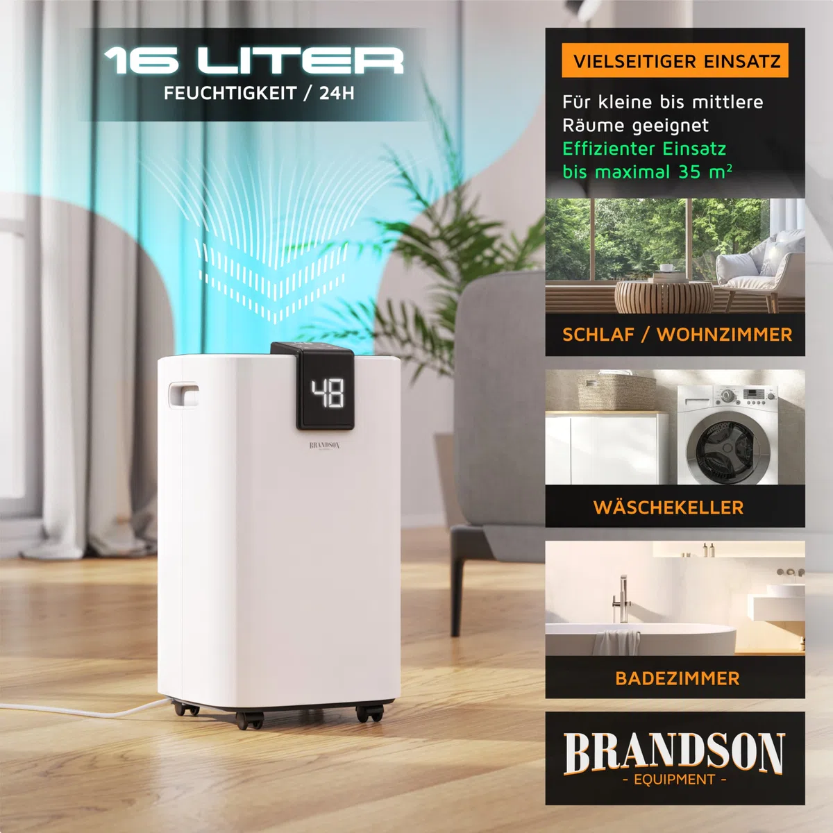 Brandson - Luftentfeuchter 16L mit Kompressor – Dehumidifier Raumentfeuchter elektrisch – 16 Liter / 24h – sehr leise - Display - Schlafzimmer Bad Keller