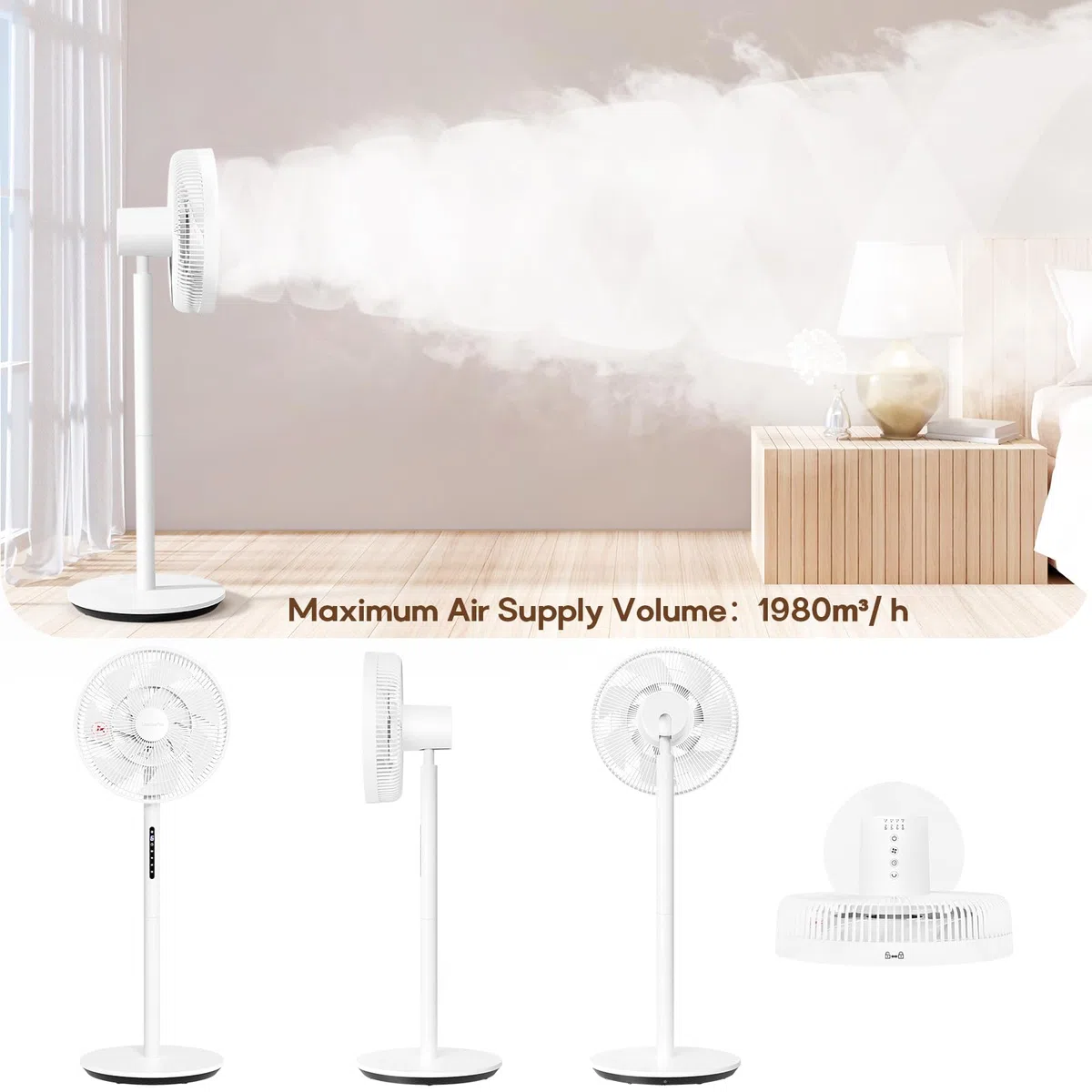 Neu DC Standventilator mit Bildschirm-12.8dB sehr Leise Ventilator mit Fernbedienung, 8 Stufen, Höhenverstellbar, Oszilation 120°, 8H Timer, Ventilator für Schlafzimmer, Wohnzimmer, Küche,Weiß