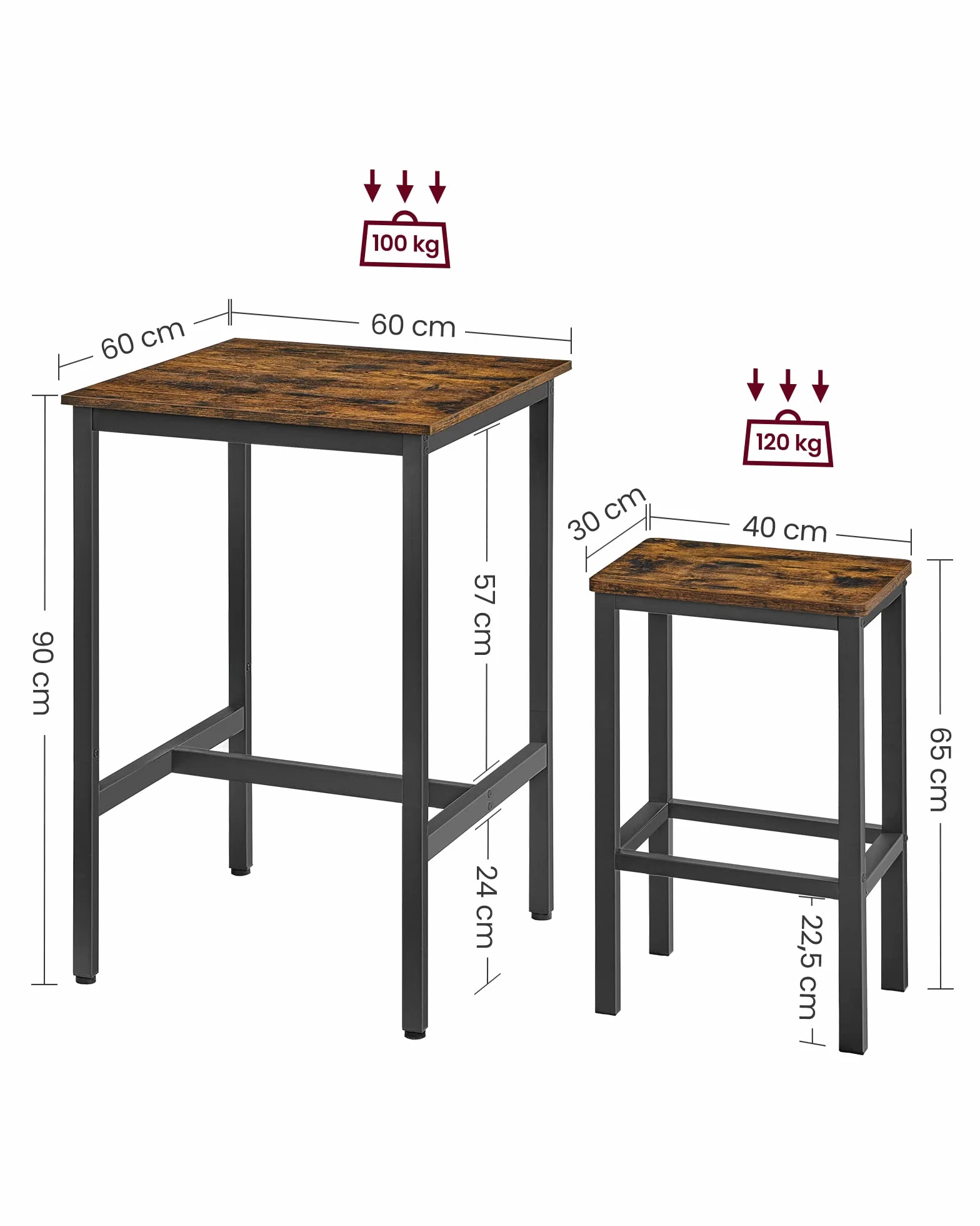 VASAGLE Bartisch mit Barhocker-Set, Esstisch mit 2 Stühlen, Küchentisch klein, Barstühle, für Esszimmer, Küche, vintagebraun-tintenschwarz LBT017B01