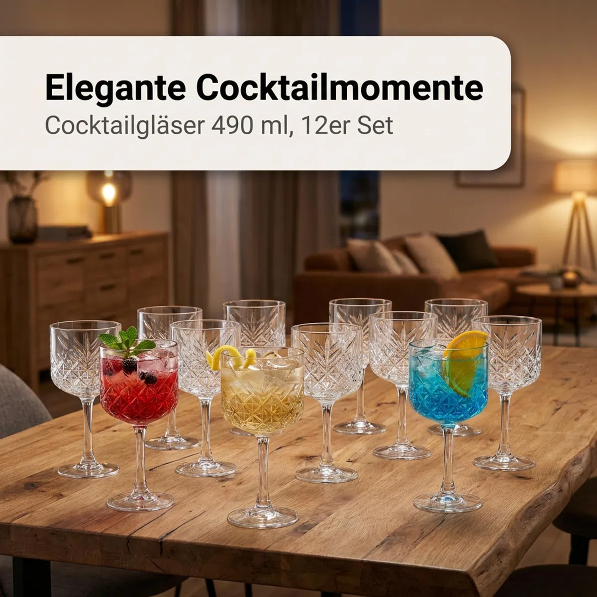 by Pasabahce Timeless Cocktailgläser 490 ml, 12er Set, Gläser aus Kristallglas, Facettenschliff, spülmaschinengeeignet