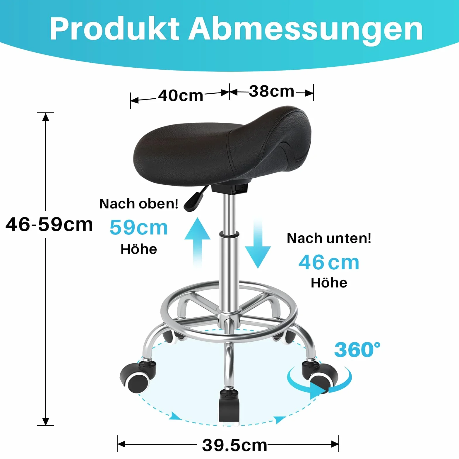 Sattelhocker Ergonomisch - Bequemer Sattelstuhl mit einem breiten Sattelsitzkissen, drehbarer, verstellbarer Sattelhocker mit Rollen und Ringpedal für Medizin,Massage, Salon,Büro und Zuhause (Schwarz)