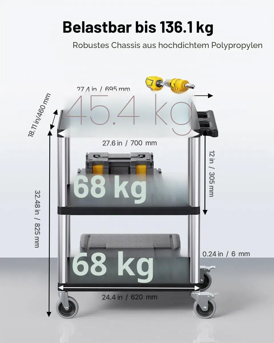 VEVOR Werkzeugwagen, 136 kg Tragkraft, Werkstattwagen, Mehrzweckwagen aus Kunststoff mit DREI Ablagen & 360°-Lenkrollen (2 mit Bremse), geeignet für Lager, Garage, Reinigung, 695x460x825 mm