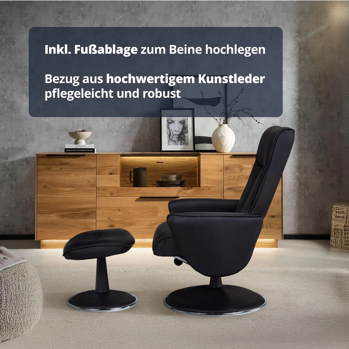 KHG Relaxsessel Schwarz Kunstleder mit Fußablage Relaxfunktion 82x104,5x110cm Sitzhöhe 46cm Sitzbreite 53,5cm
