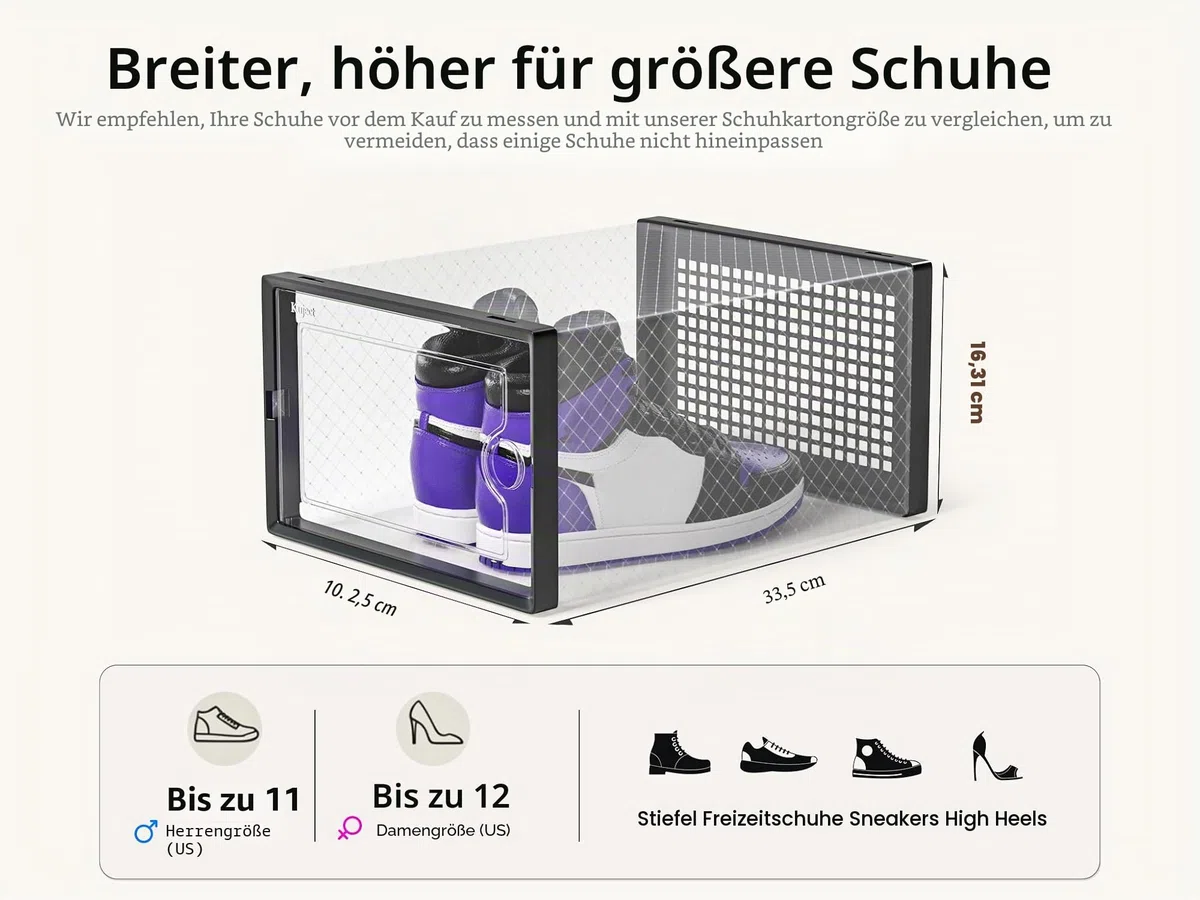 Kuject Große Schuhboxen für Schrank, passend für Größe 46, transparente Kunststoff-Stapelbare Sneaker-Behälter mit Deckel, großartiger Ersatz für Schuhregal, schwarz, 12 Stück