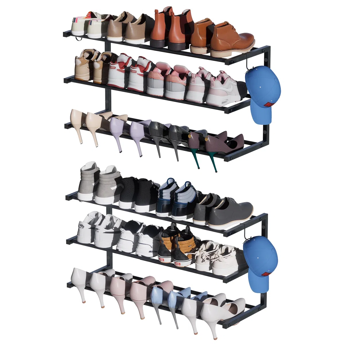 Schuhregal zur Wandmontage, 3 Etagen, hängendes Schuhregal für 24 Paar, 43,2 cm - 76,2 cm, verstellbarer, robuster Schuh-Organizer mit 4 Aufbewahrungshaken, platzsparend für Schrankeingang, schwarz