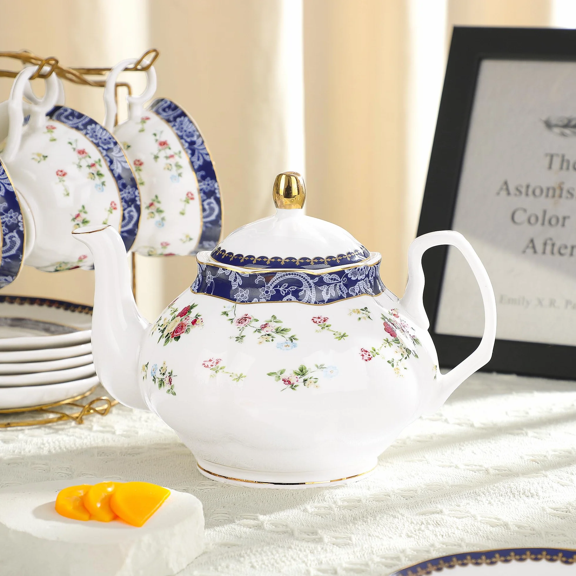 fanquare 21 Stück Blaue Rose Britisches Nachmittagstee-Set, Modernes Porzellan Teekannen-Set, Vintage Kaffeetasse und Untertasse Set, Erwachsene Teeservice für 6 Personen