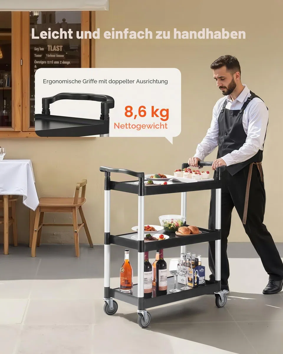 VEVOR Universalwagen, 136 kg Tragkraft, 3-stufiger Universalwagen aus Kunststoff mit 360° Schwenkrädern (2 mit Bremse), 880x410x990 mm großer Servierwagen für Lager, Büro, Zuhause, Restaurant, Küche