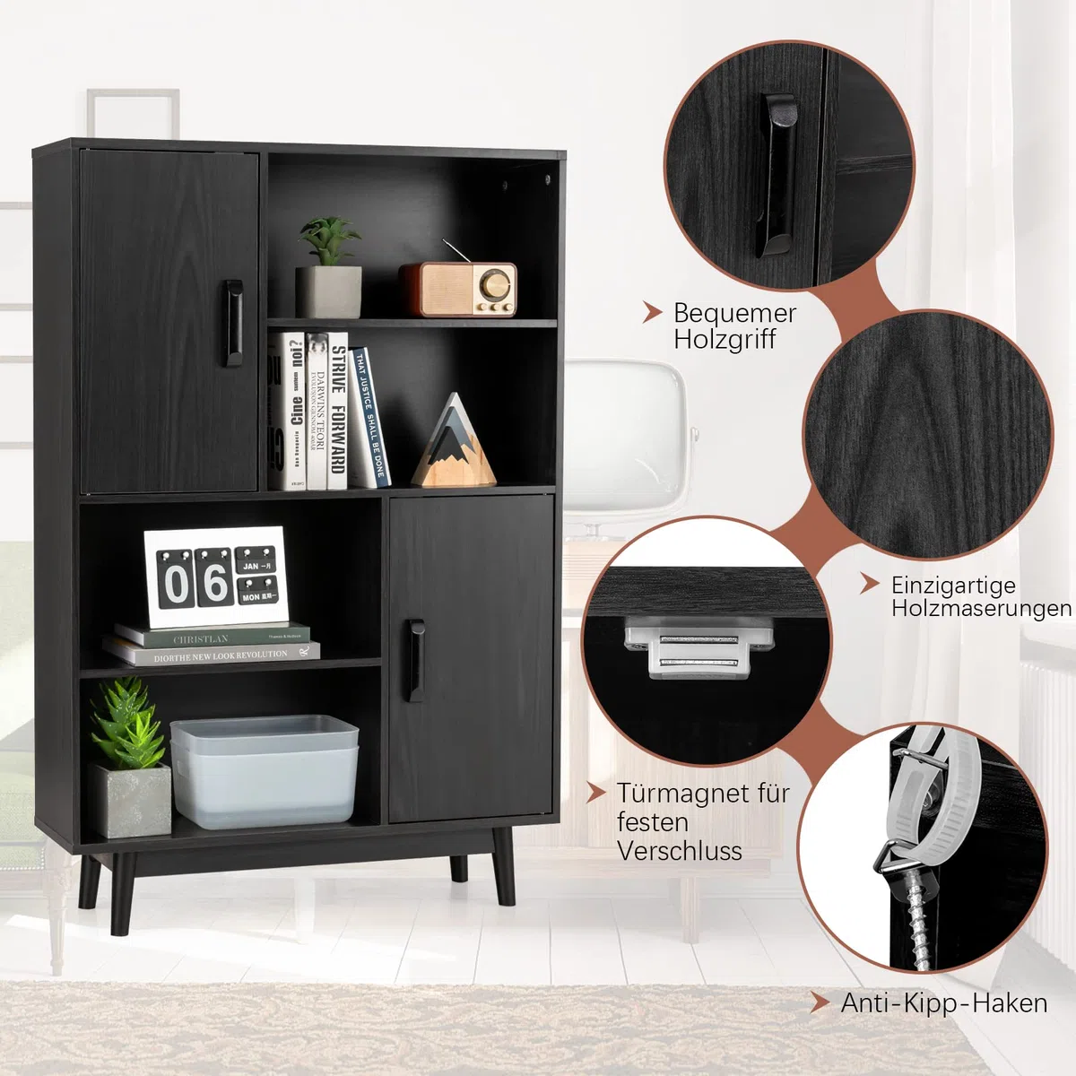 COSTWAY Bücherschrank mit 2 Türen und 4 offenen Regalen, Bücherregal Holz, Standregal, Holzregal, Aufbewahrungsregal für Wohnzimmer, Arbeitszimmer, Küche, 80 x 24 x 120 cm (Schwarz)