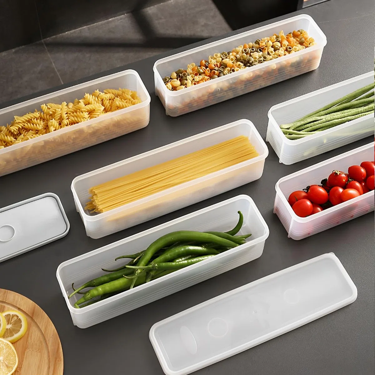 ZENFUN Set mit 6 Nudel Vorratsbehältern mit Deckel, Luftdichter Spaghetti Nudelhalter Nudel Aufbewahrungsbox Kanister für Kühlschrank, Küche Speisekammer, 30x8x7,5 cm, BPA-FREI