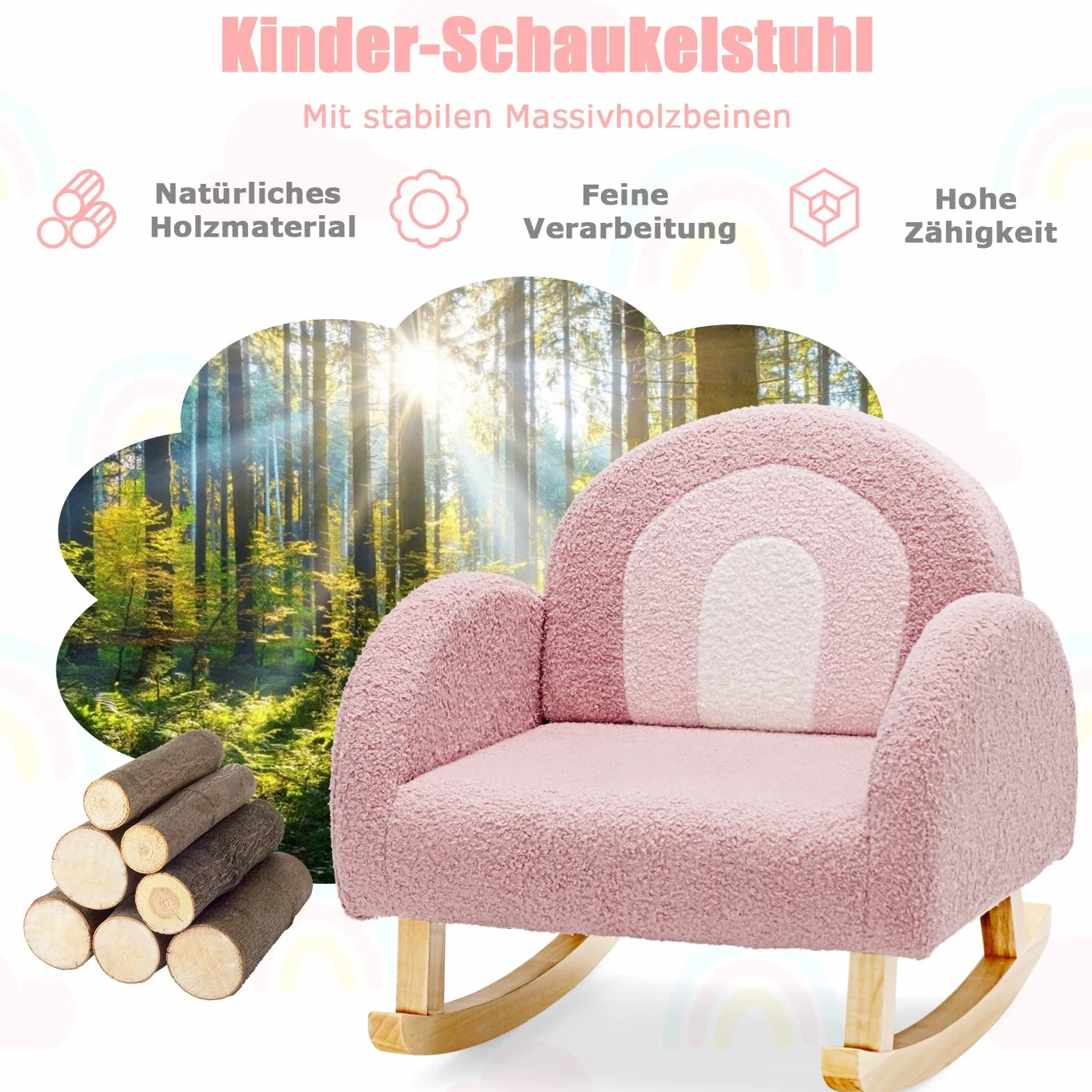 COSTWAY Kindersessel für Kleinkinder, gepolsterter Kindersofa Schaukelstuhl mit Massivholzbeinen, Schaukelsessel Kinderstuhl für Kinderzimmer, Spielzimmer & Kindergarten (Schaukelstuhl, Rosa)