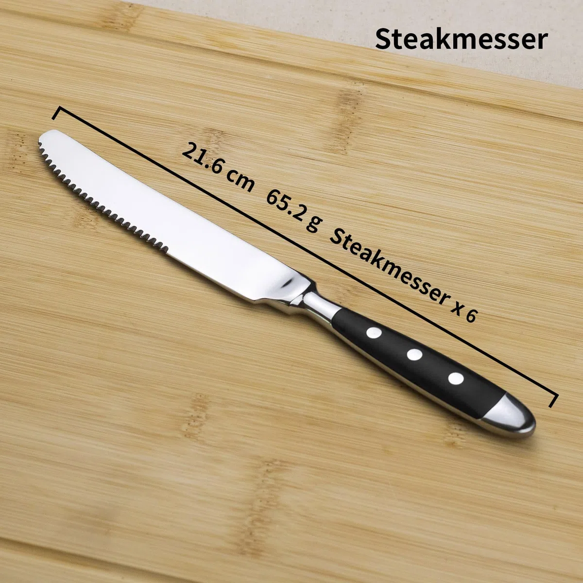 Alata Steakmesser Set 6 Stück,Küchen Steakbesteck Messer set,Scharfe Pizzamesser, Schwarzen Griffen,Edelstahl poliert,Wellenschliff,für Haushalte das Esszimmer, Serie Berlin