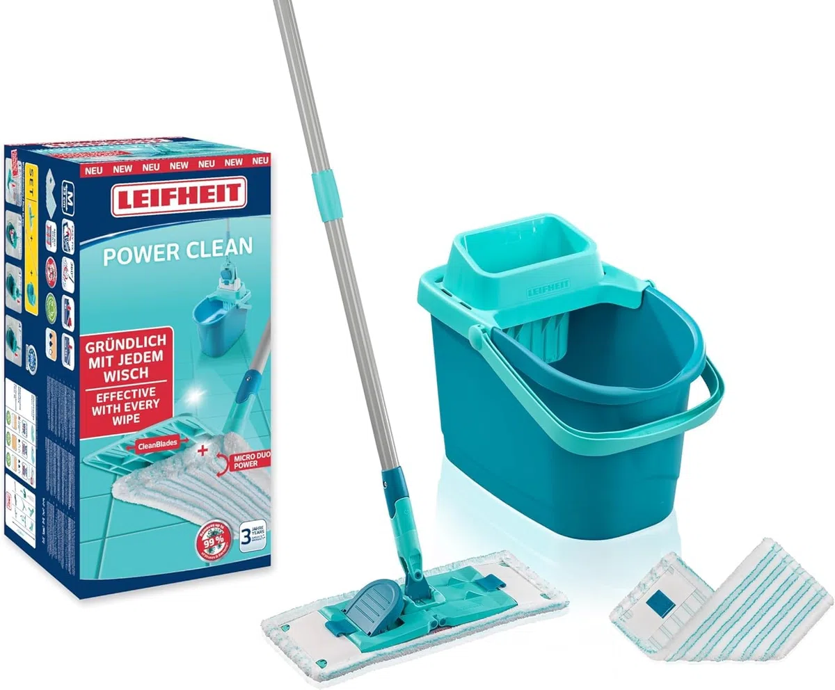 Leifheit Set Power CLEAN, Wischer,rückenschonender Bodenwischer mit Reinigungsklingen, Wischtuchpresse, Wischmopp Set mit Eimer und 2X Mikrofaser Wischbezüge für alle Hartböden, Click-System