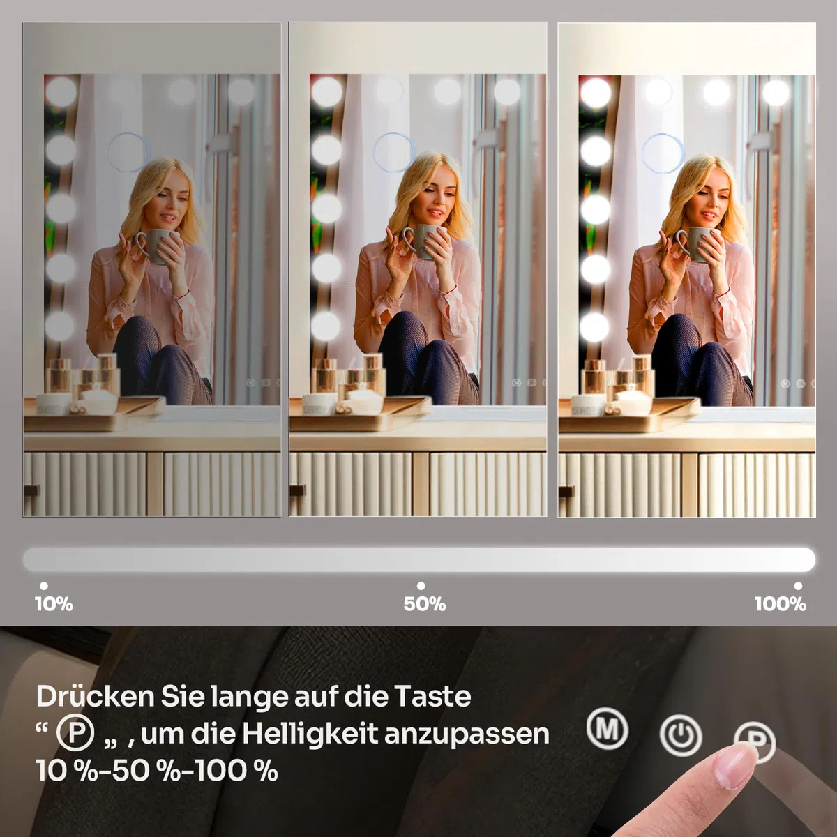 Schminkspiegel mit Beleuchtung 80x60cm Hollywood Spiegel mit Beleuchtung Kosmetikspiegel 18 LED Licht 3 Lichtfarben mit USB 10X Vergrößerung Touch Control Tischplatte (18LED-Weiß)